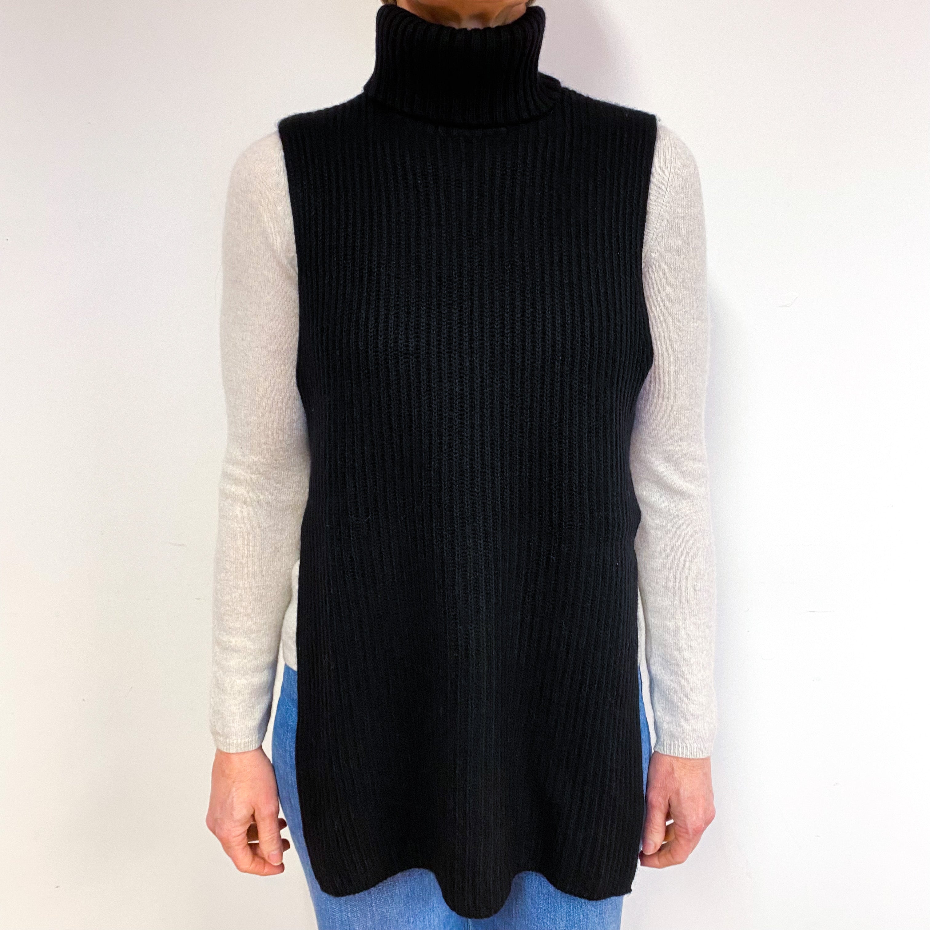 Black Sleeveless Cashmere Polo Neck Jumper Medium