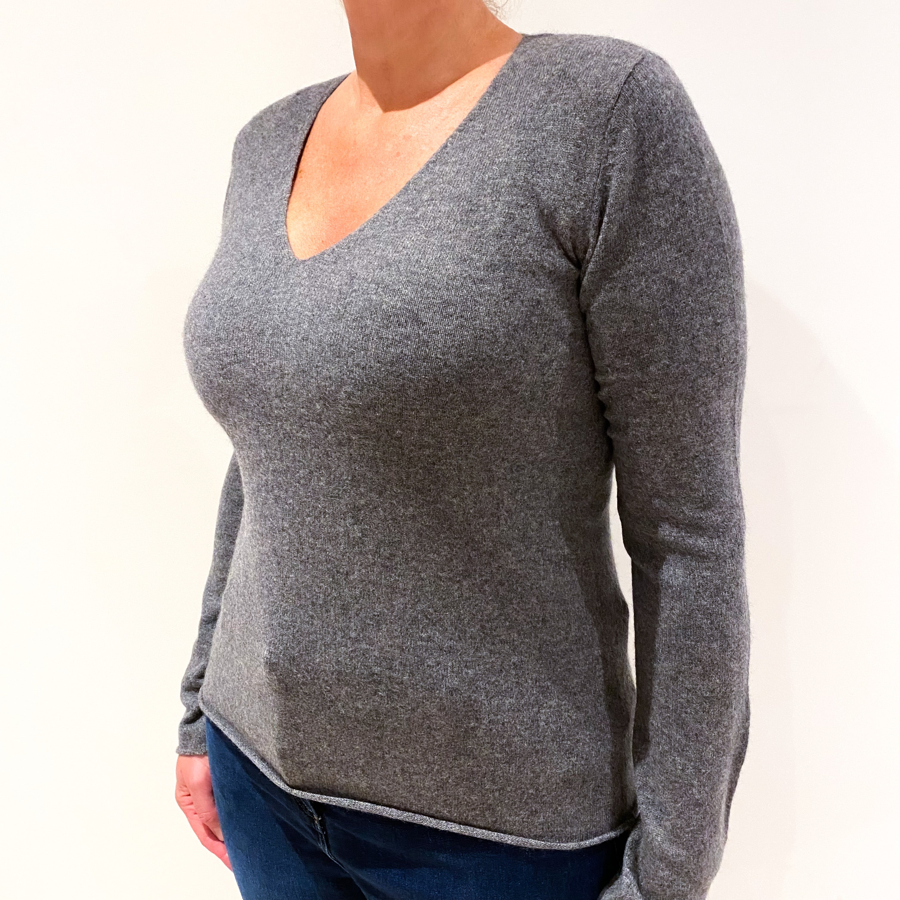 Smoke Grey Cashmere V-Neck Jumper Large