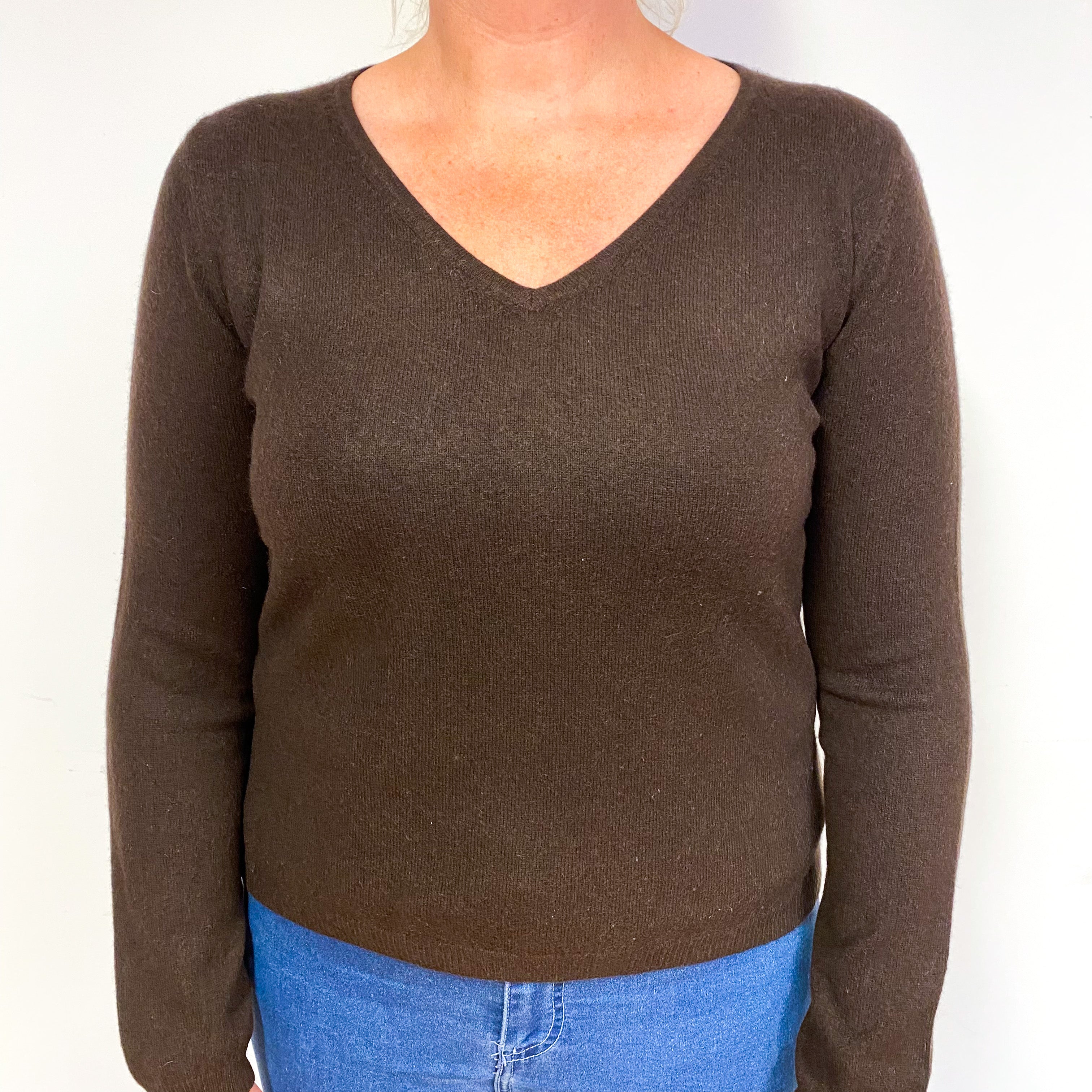 Chocolate Brown Cashmere V-Neck Jumper Large