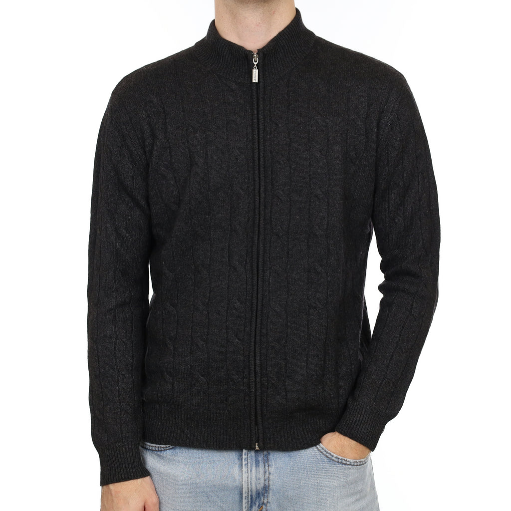 Men's Yorn Charcoal Grey Cable Cashmere Zip Up Cardigan Large
