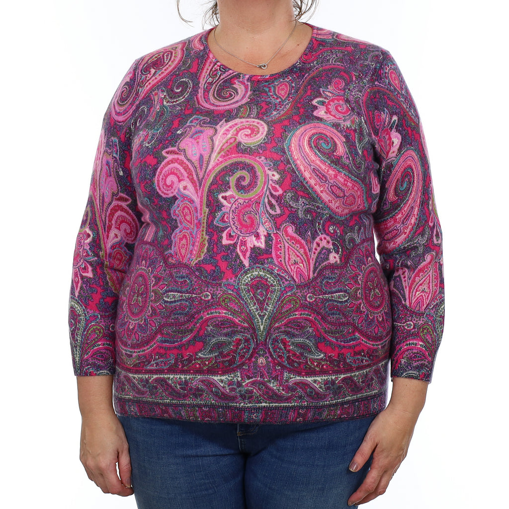 Pink and Purple Paisley Cashmere Crew Neck Jumper Extra Large