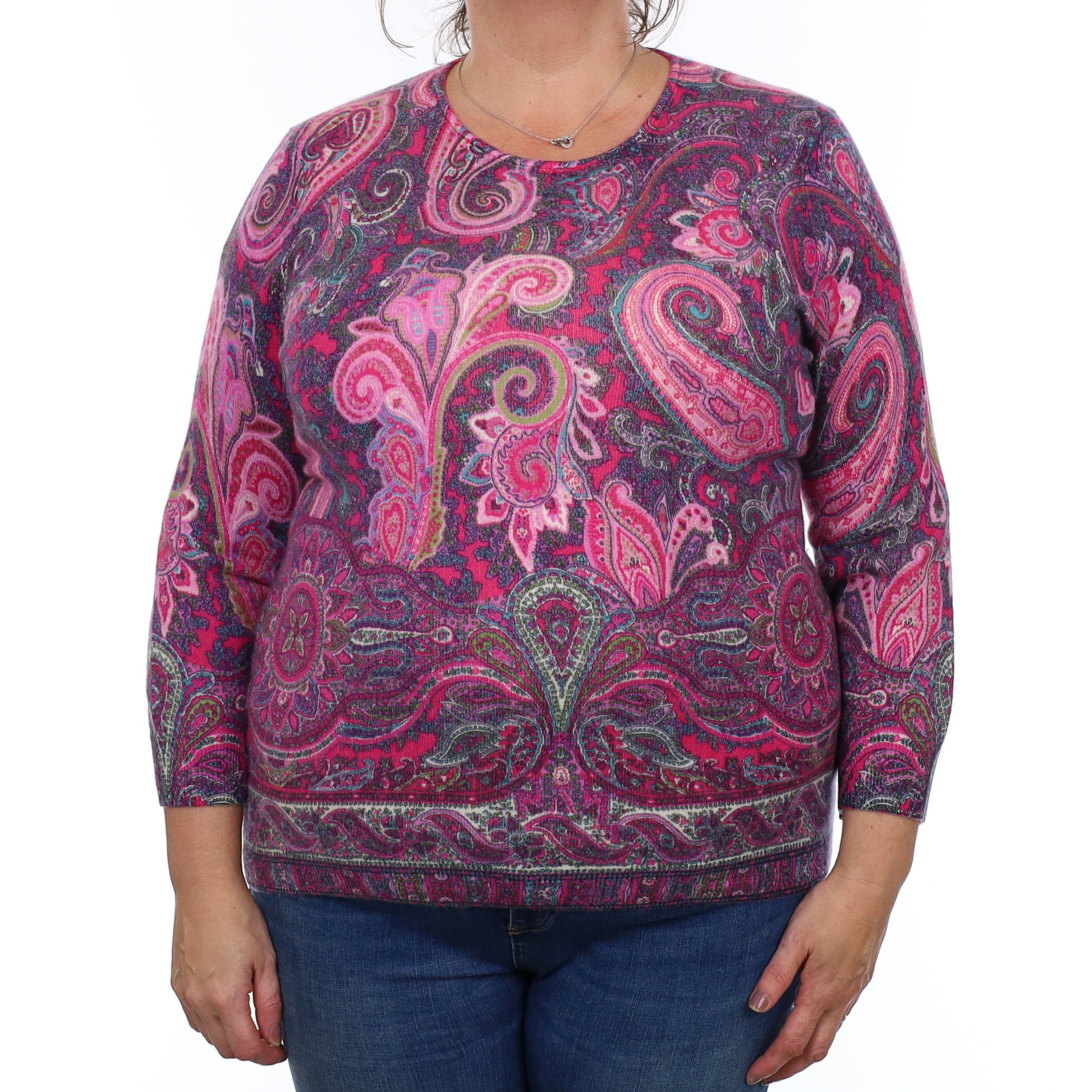 Pink and Purple Paisley Cashmere Crew Neck Jumper Extra Large