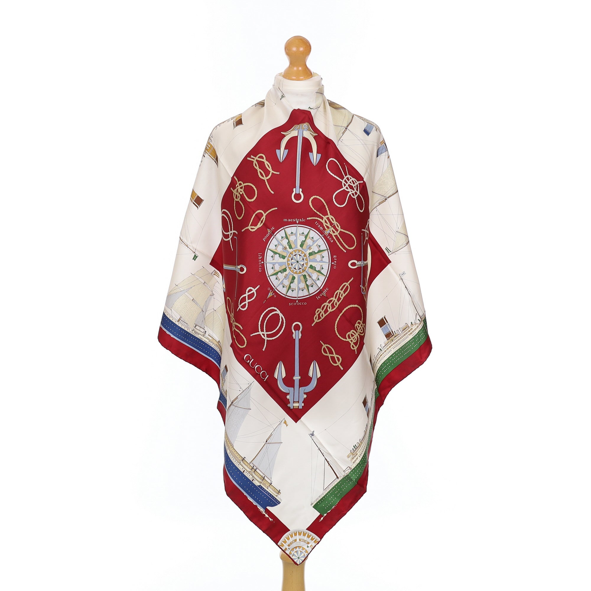 Brand New Gucci Red and White Nautical Vintage Silk Scarf