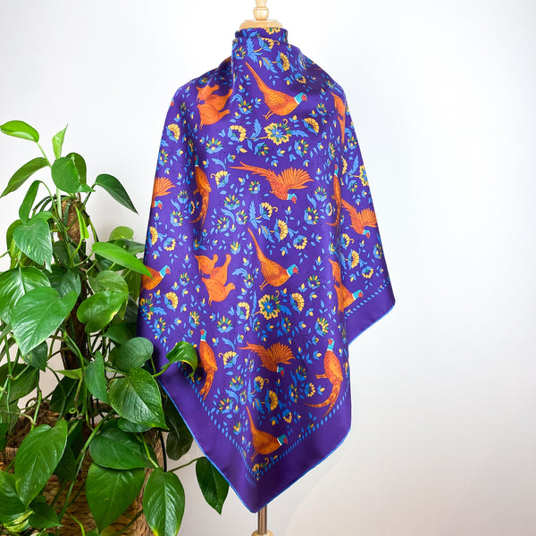Brand New William & Son Purple Pheasant Designer Silk Scarf
