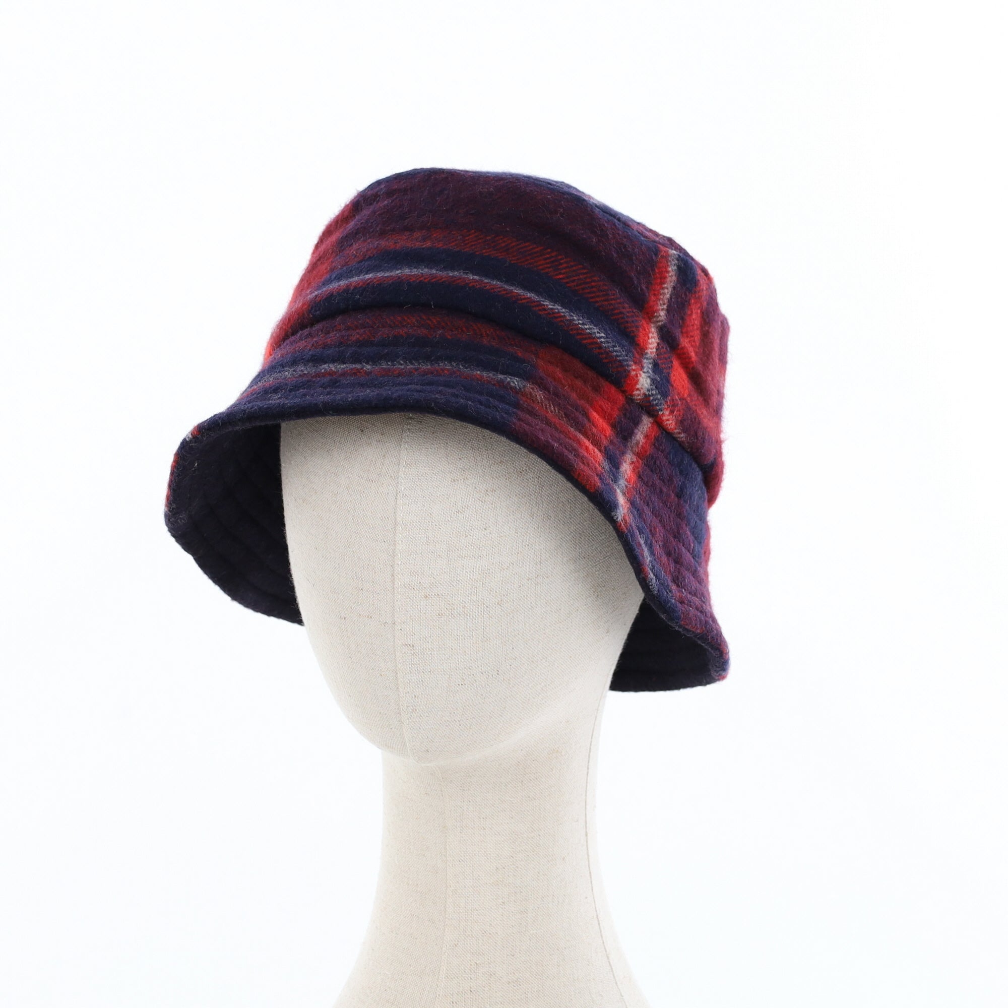 Unisex Navy & Red Check Reversible Cashmere Bucket Hat Men’s - M Women’s - L