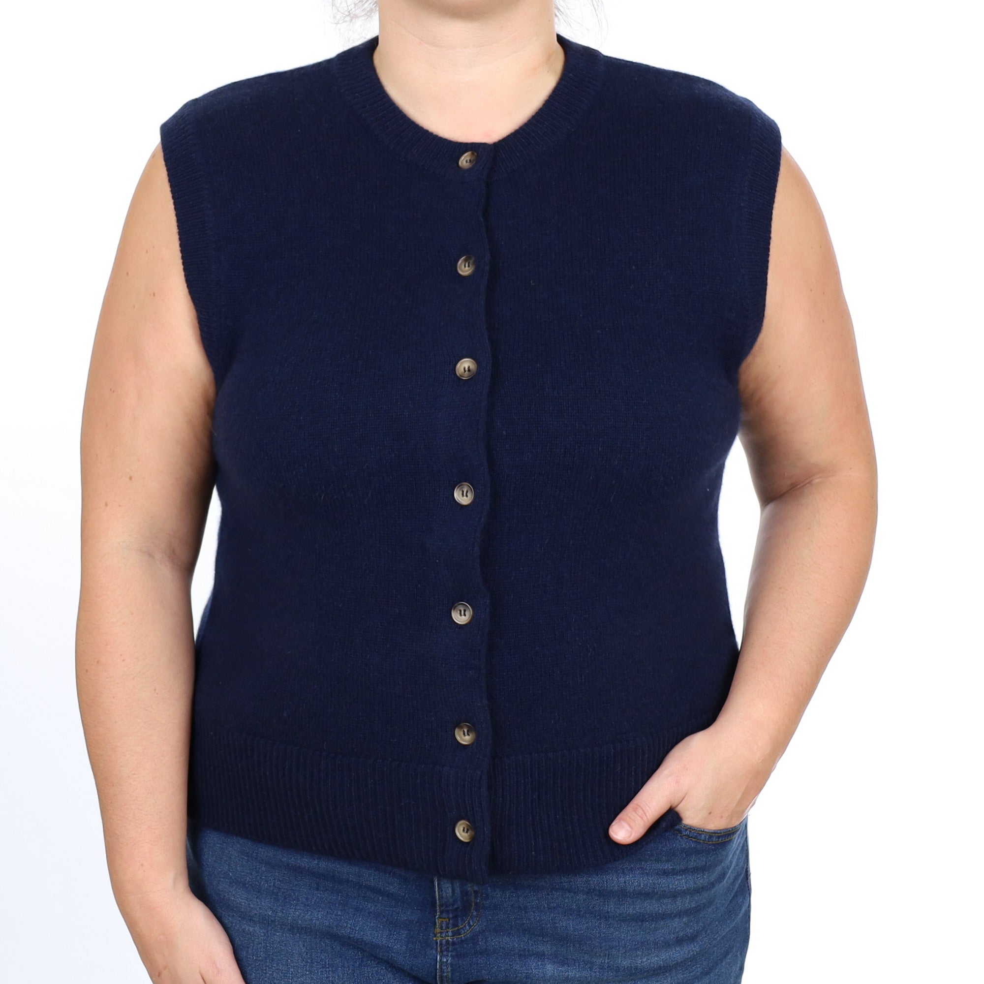 Brand New Navy Luxury Cashmere Crew Neck Waistcoat Large UK 16-18