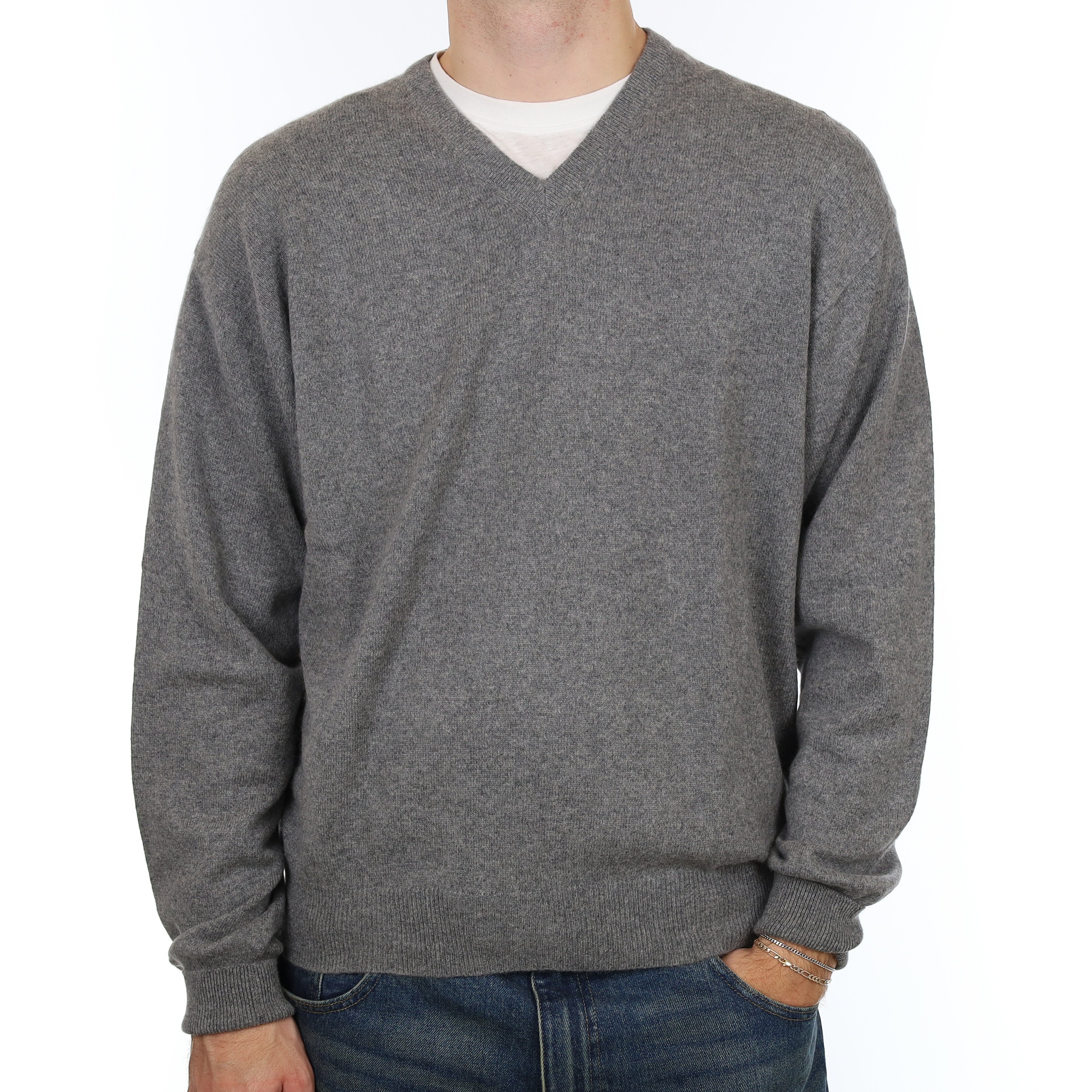 Men’s Ash Grey Cashmere V Neck Jumper Large