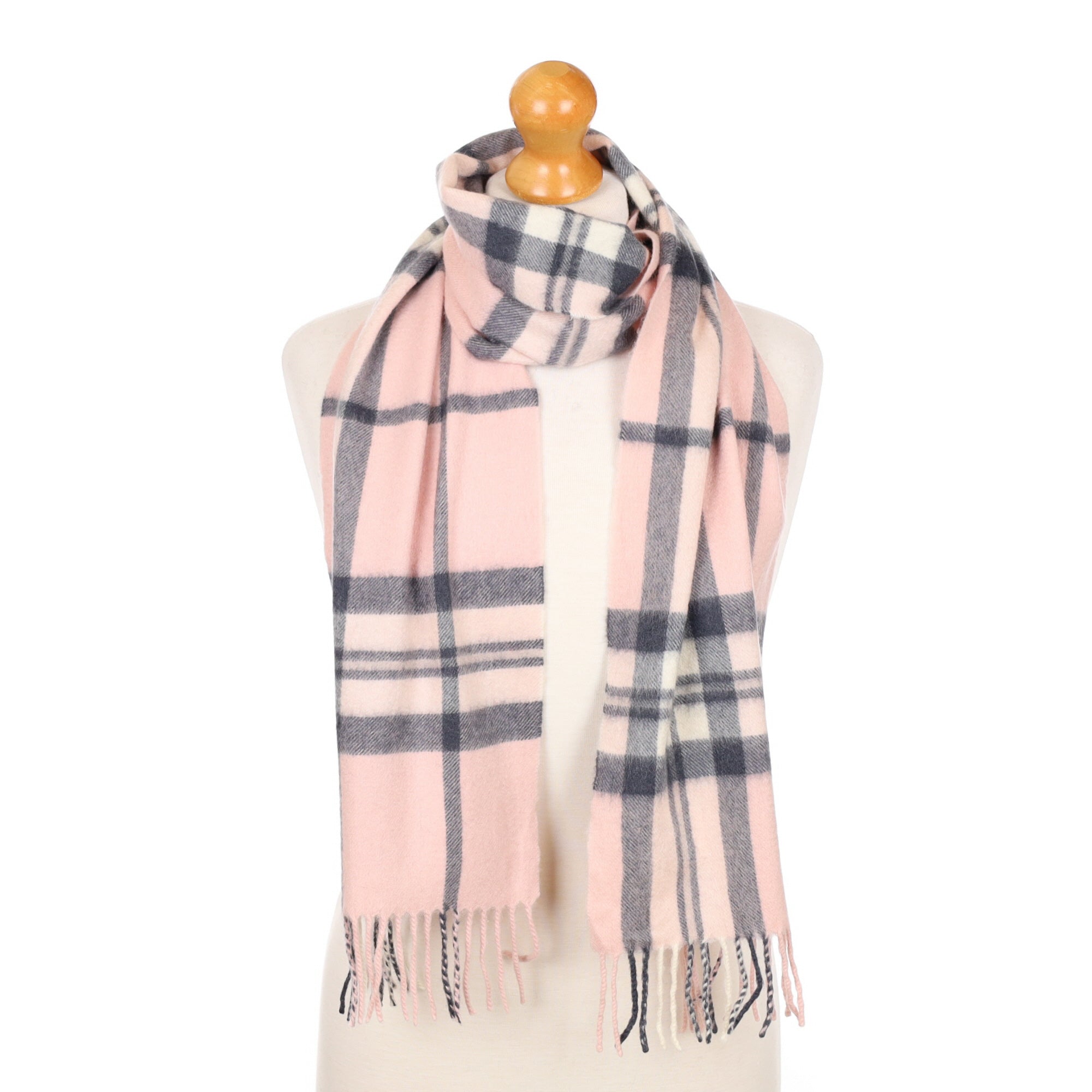 Pink and Grey Checked Fringed Cashmere Woven Scarf
