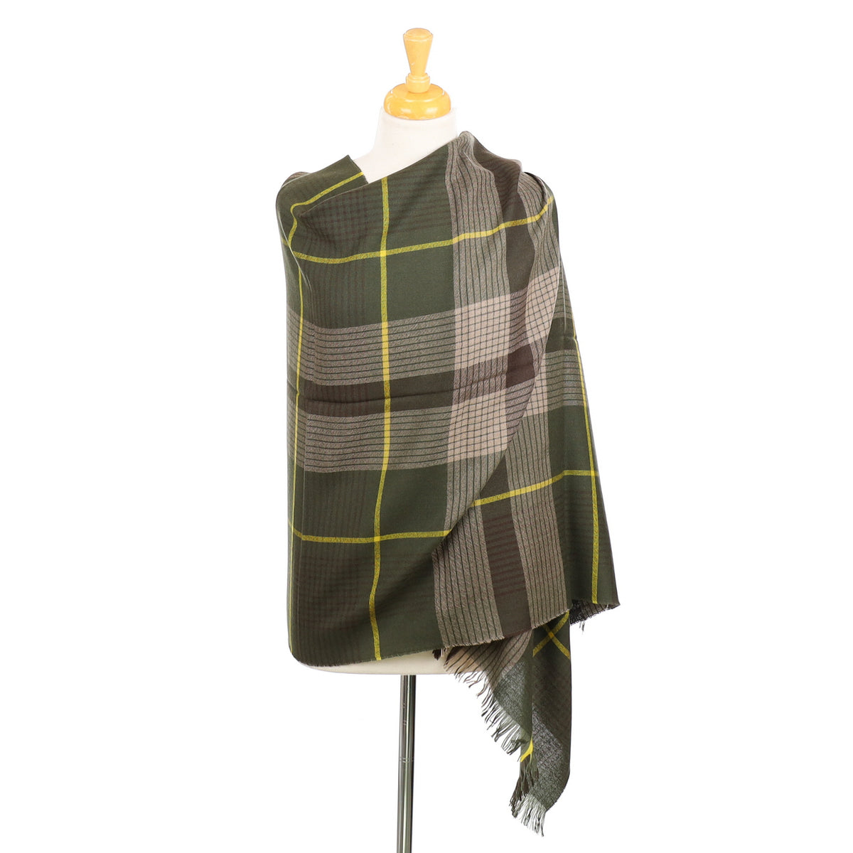 Begg & Co Olive Green Checked Cashmere Wrap