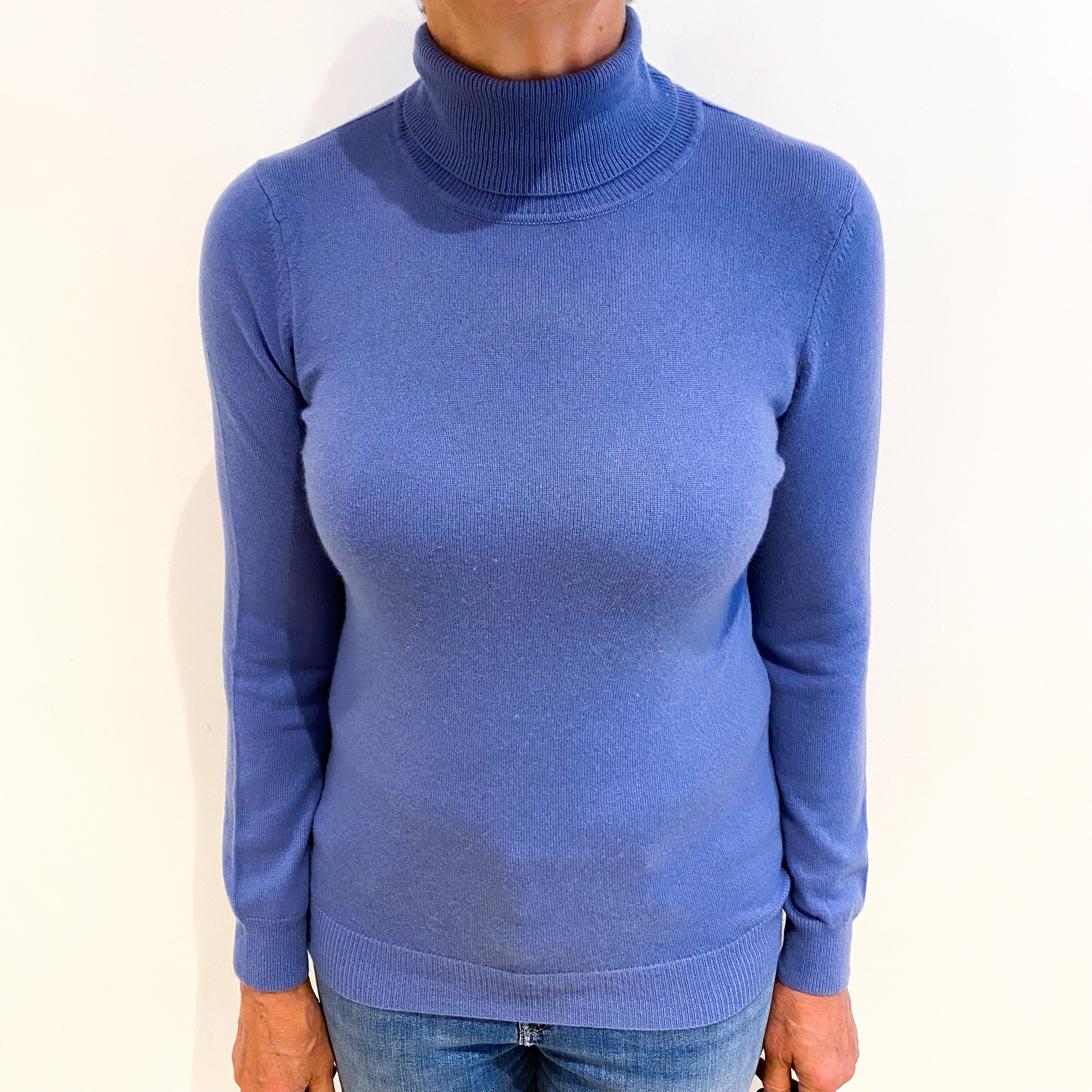 Cornflower Blue Cashmere Polo Neck Jumper Medium