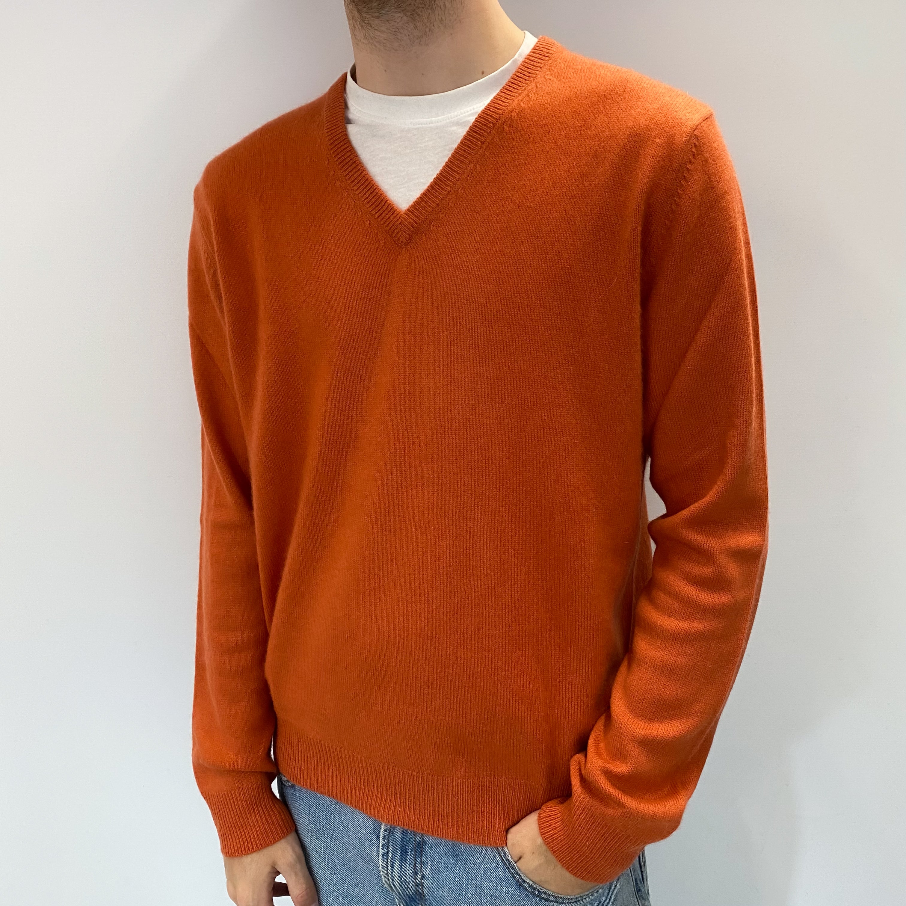 Men's Pumpkin Orange Cashmere V Neck Jumper Medium