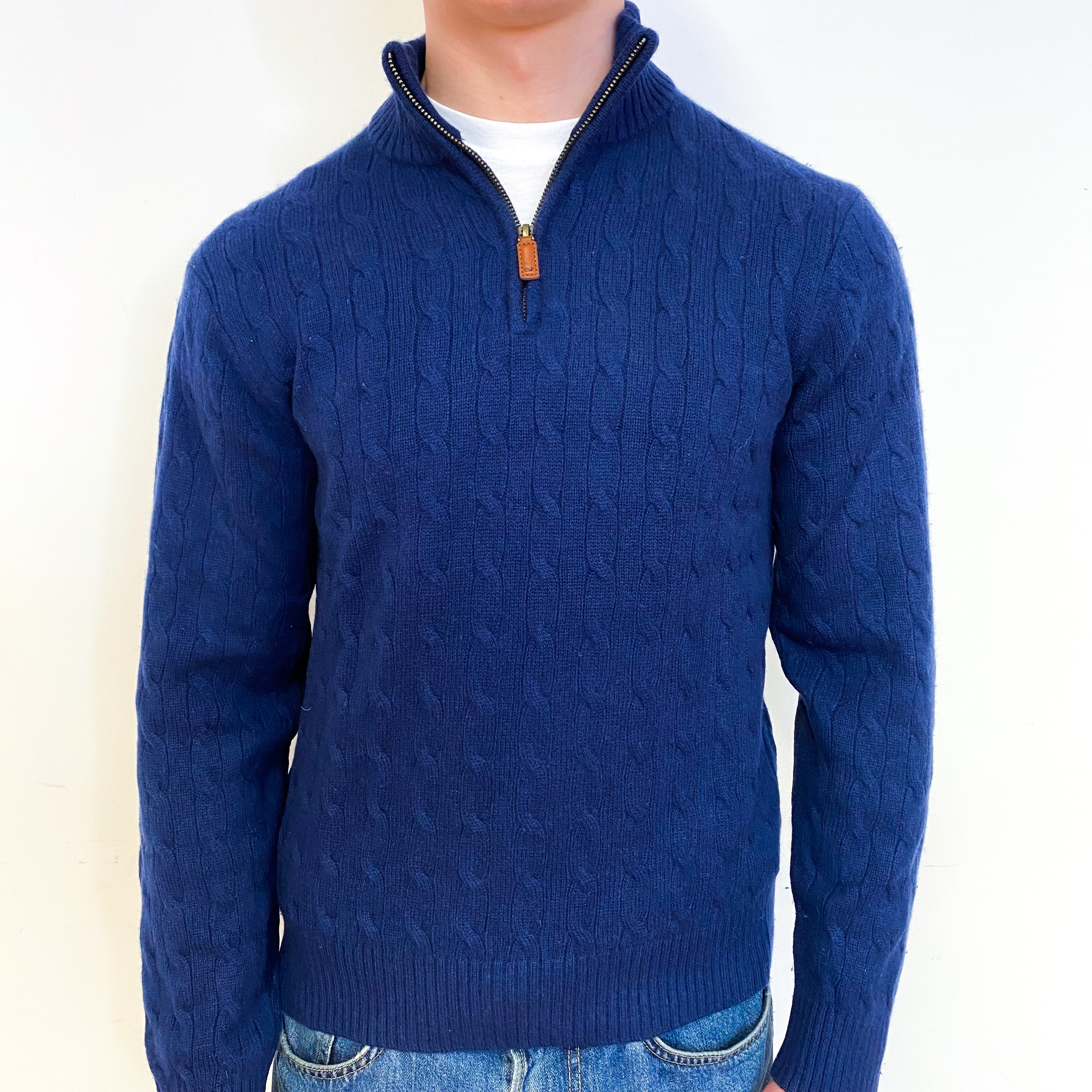 Men's Naval Blue Cable Cashmere 1/4 Zip Jumper Small