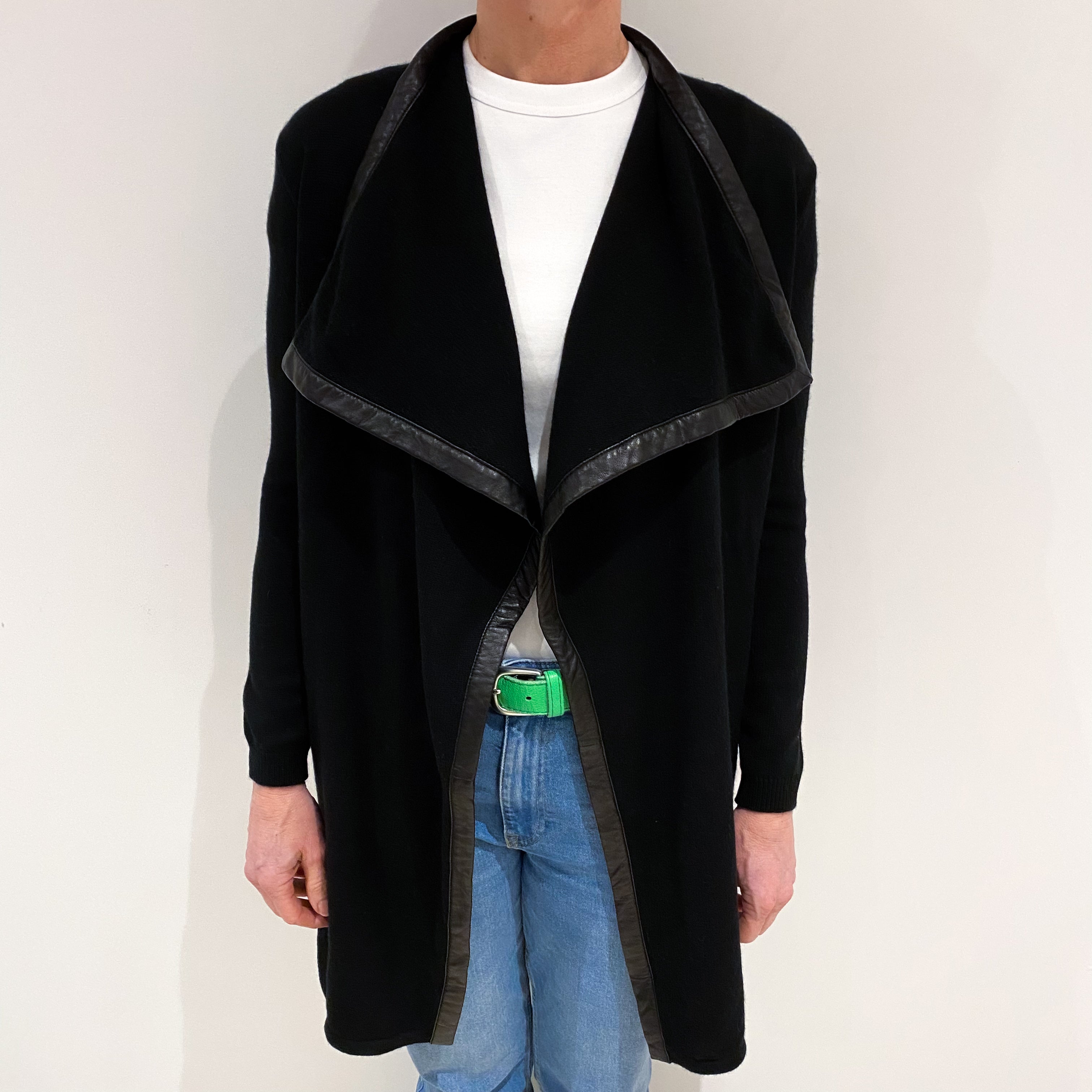 Ralph Lauren Black Leather Trim Cashmere Waterfall Cardigan Small