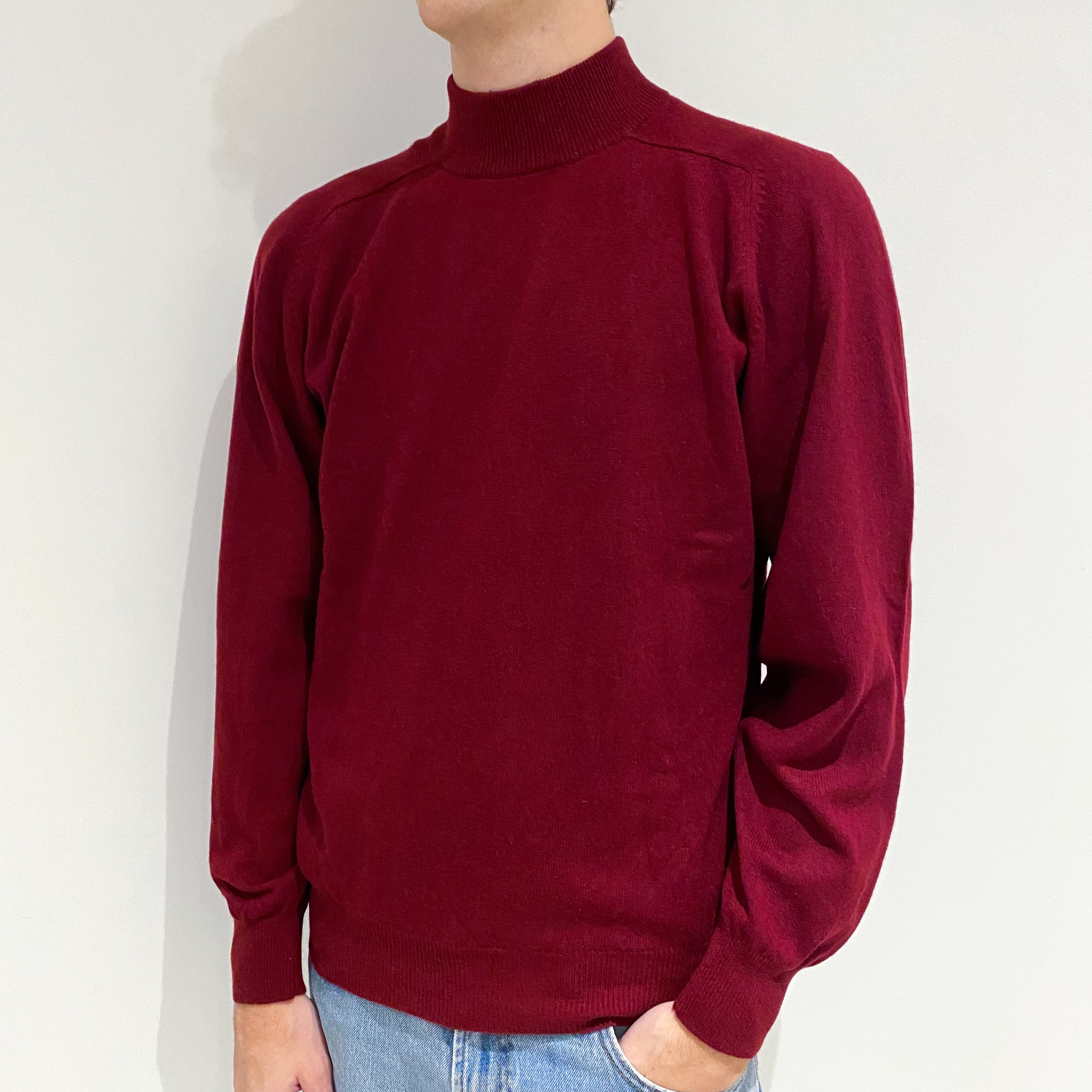 Men's Burgundy Red Cashmere Turtle Neck Jumper Large