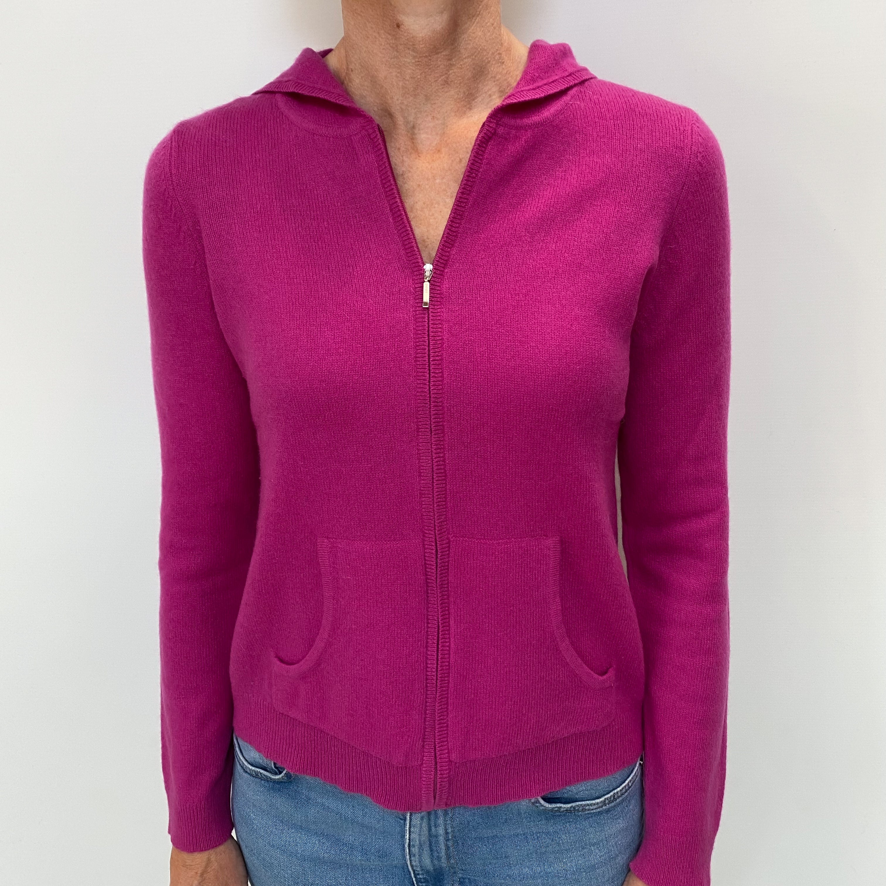 Fuchsia Pink Cashmere Zip Up Hoodie Jumper with Pockets Small