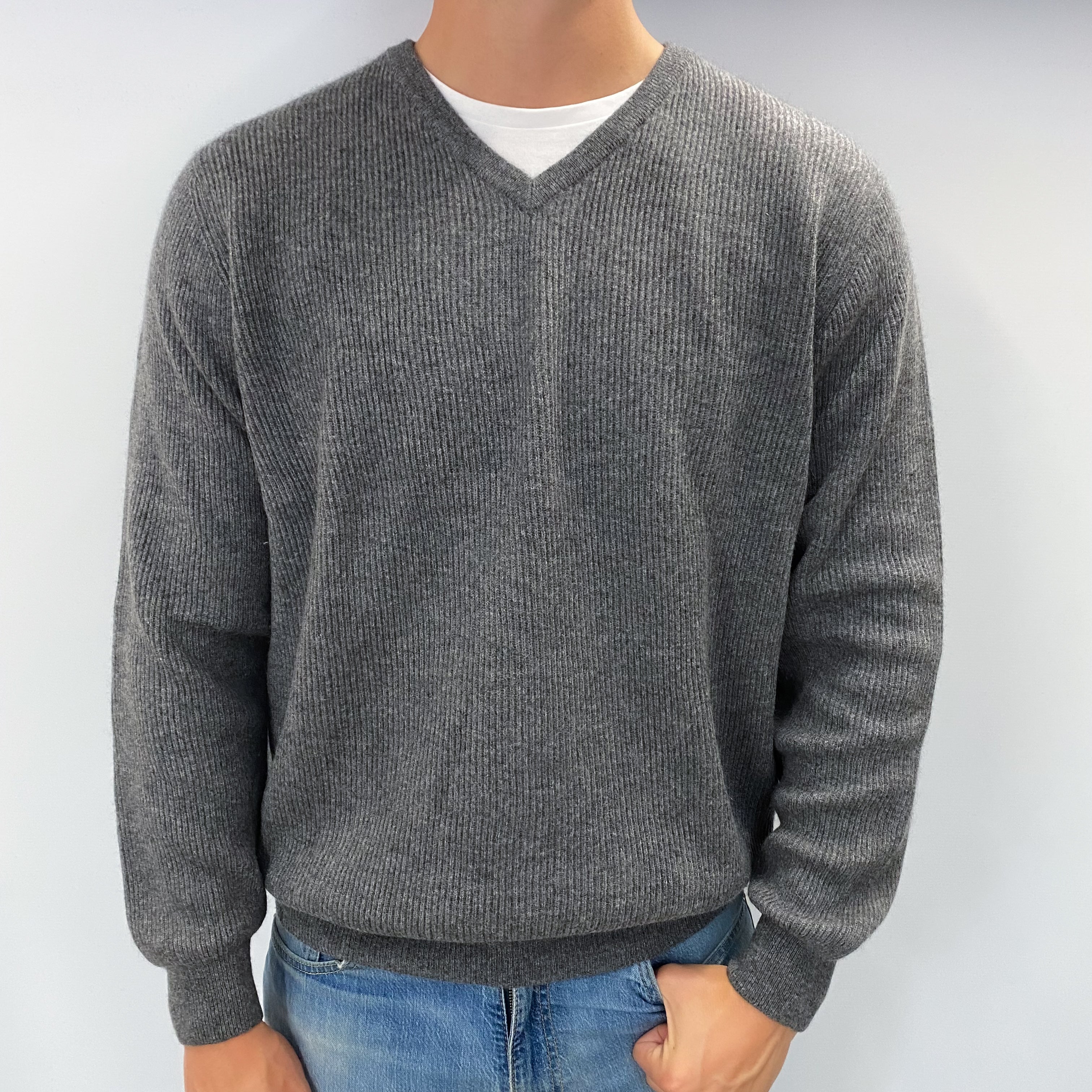 Men's Slate Grey Cashmere V Neck Ribbed Knit Jumper XL