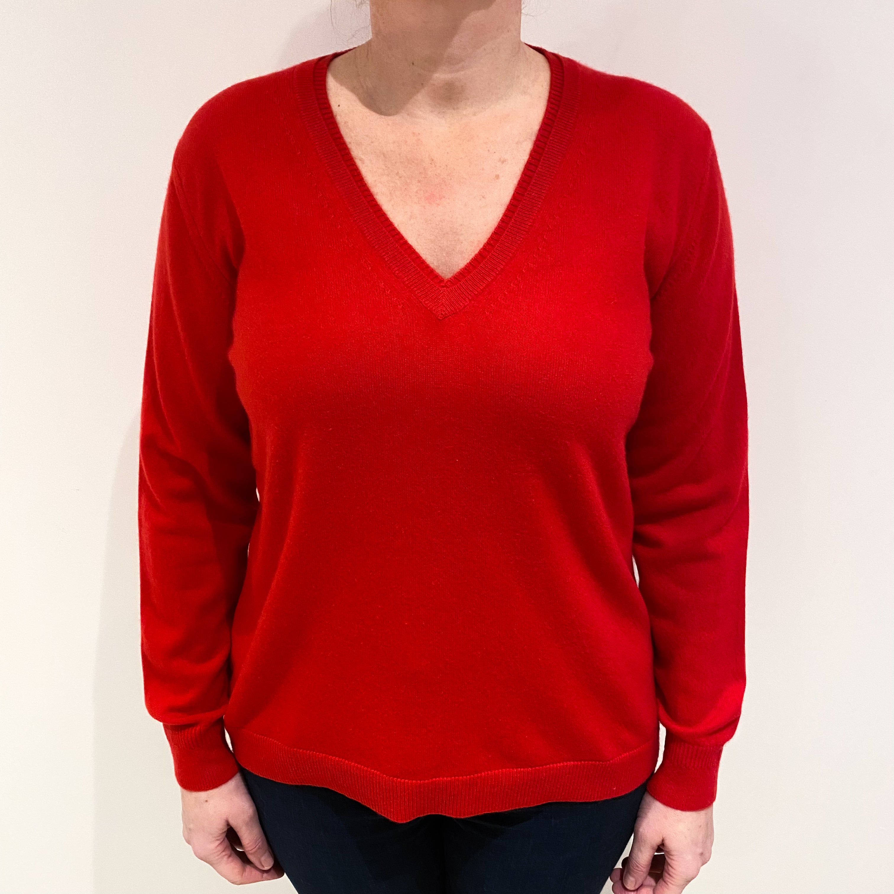 Scarlet Red Cashmere V Neck Jumper Large