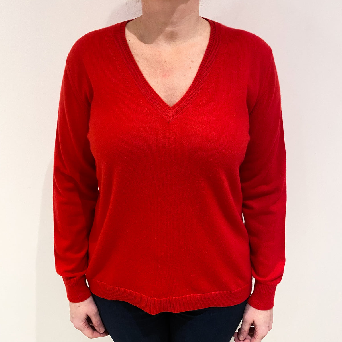 Scarlet Red Cashmere V Neck Jumper Large