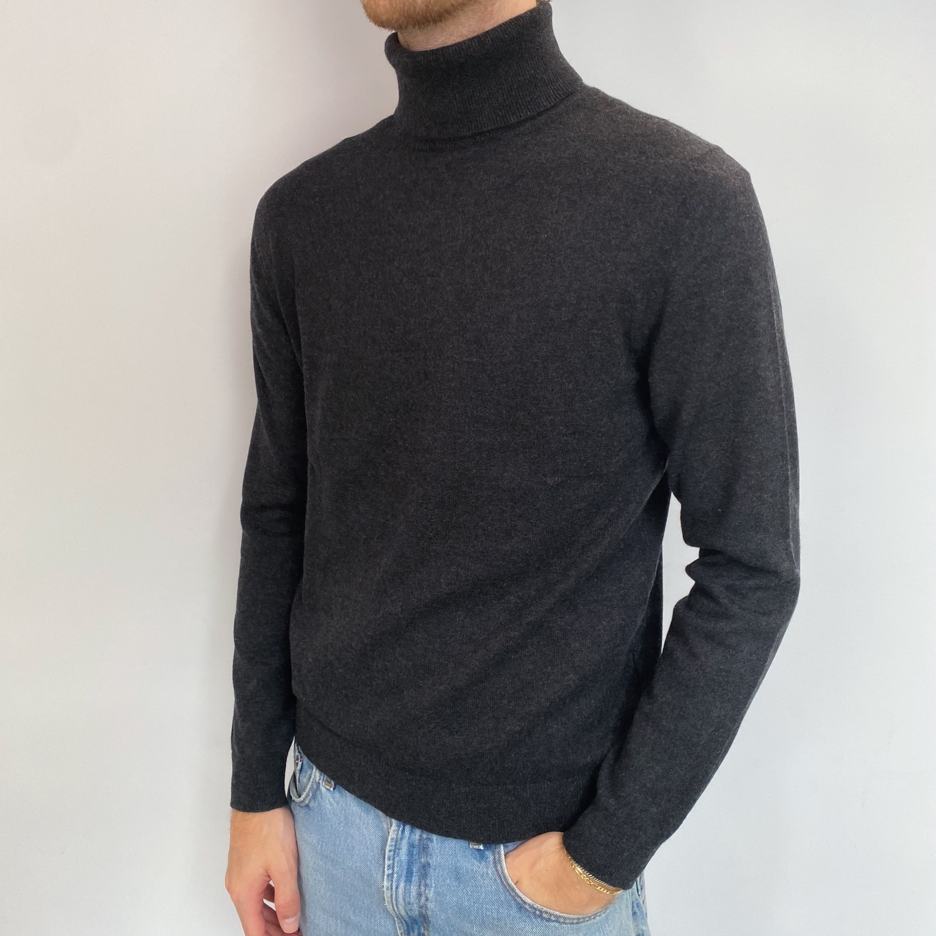 Men's Charcoal Grey Cashmere Polo Neck Jumper Medium