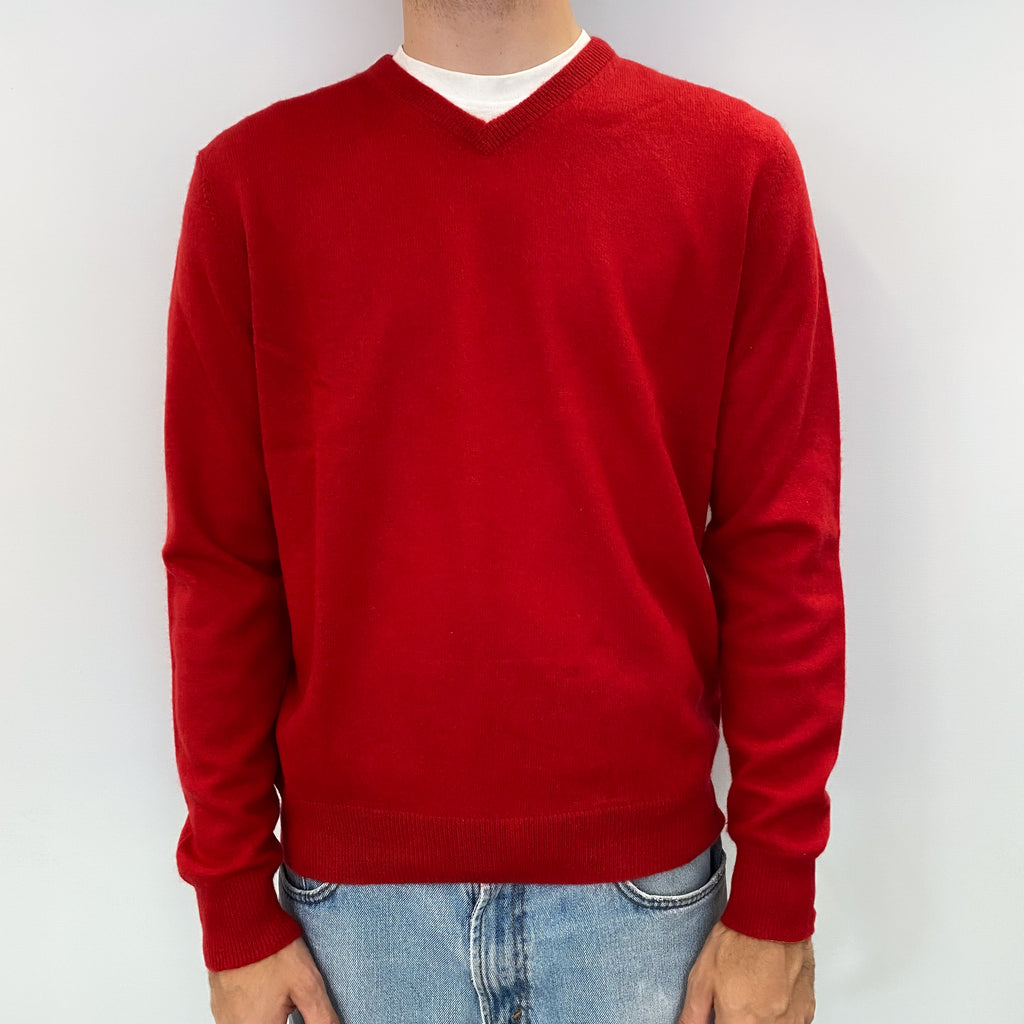 Men's Scarlet Red Cashmere V Neck Jumper Medium