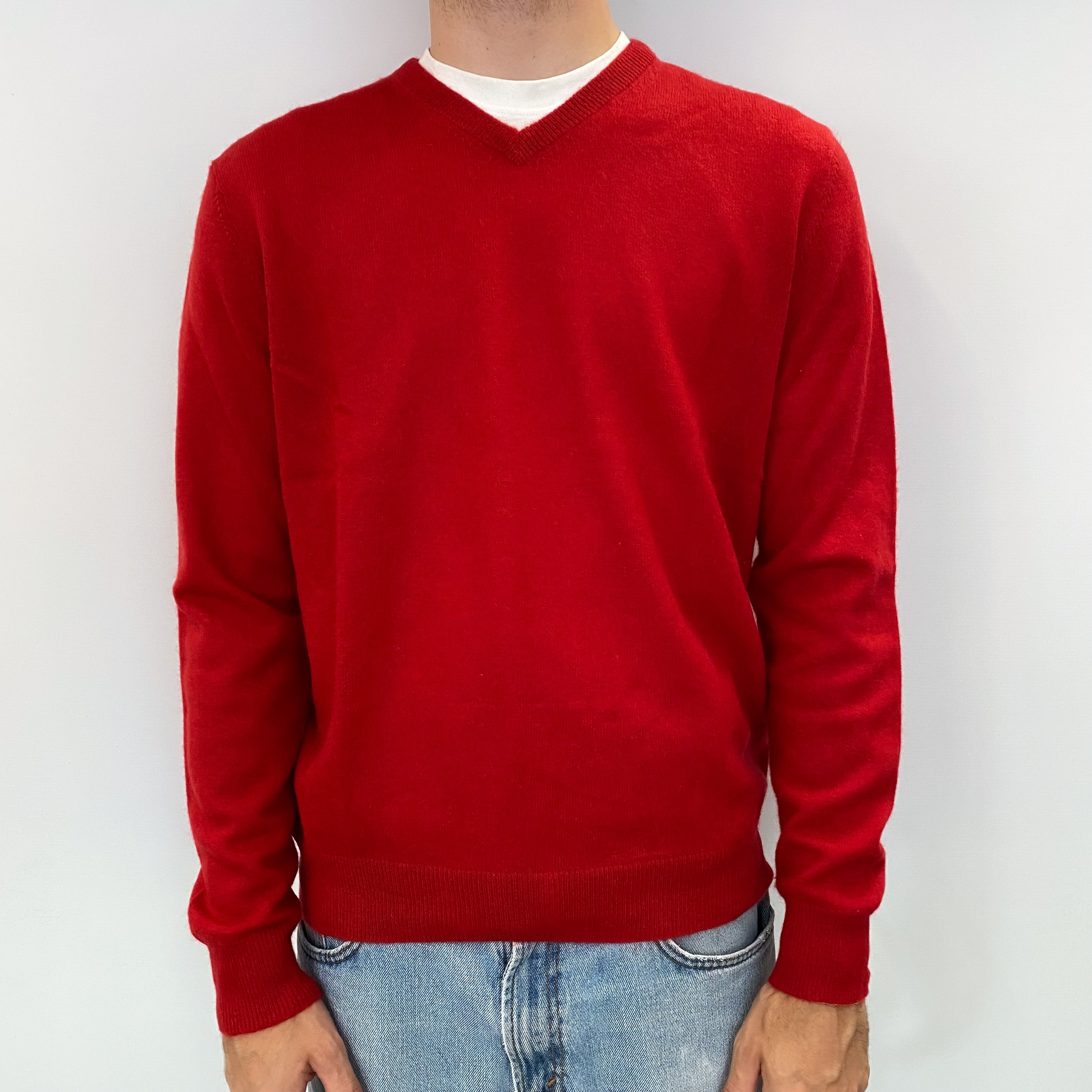 Men's Scarlet Red Cashmere V Neck Jumper Medium