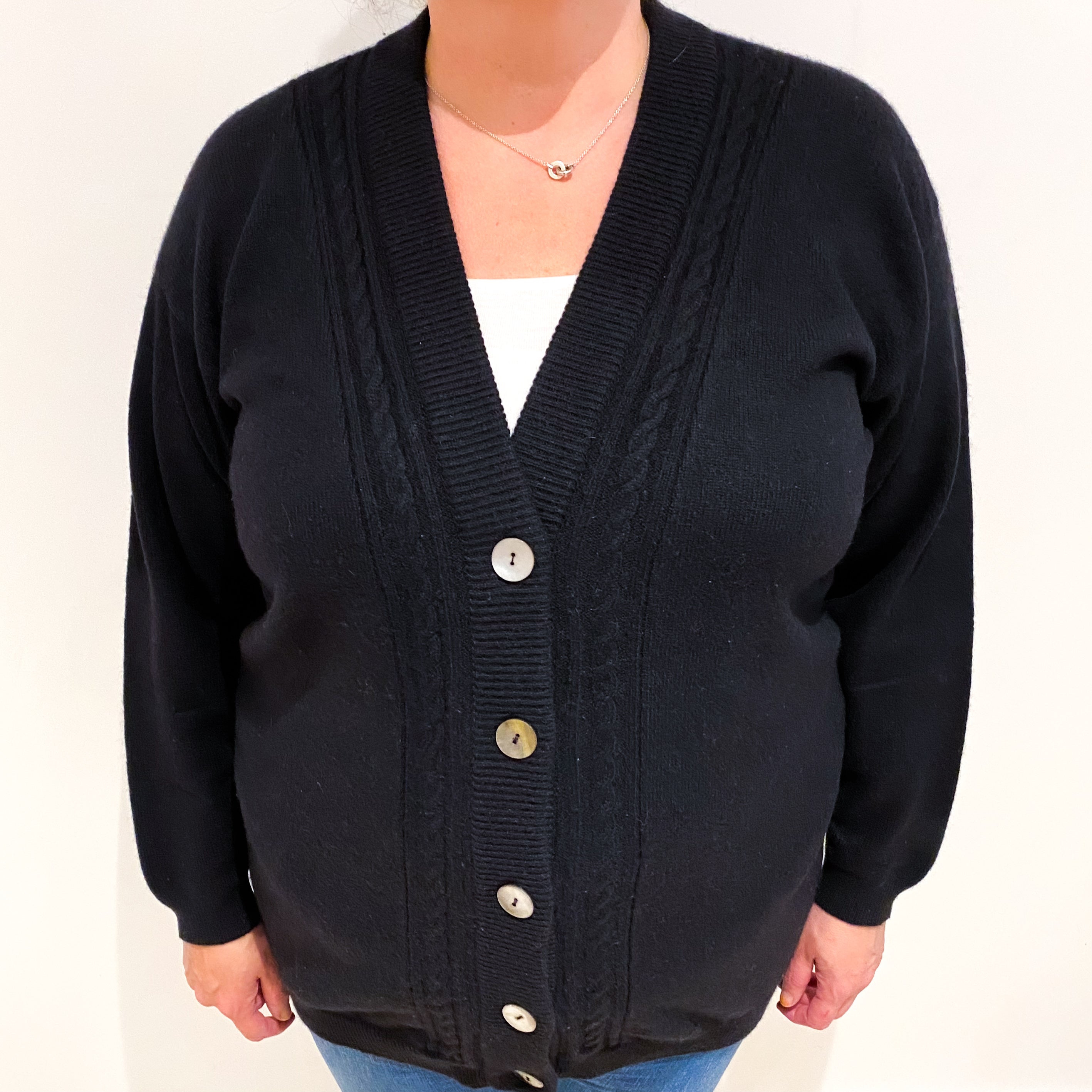 Jaeger Black Cashmere Chunky V Neck Cardigan Extra Large