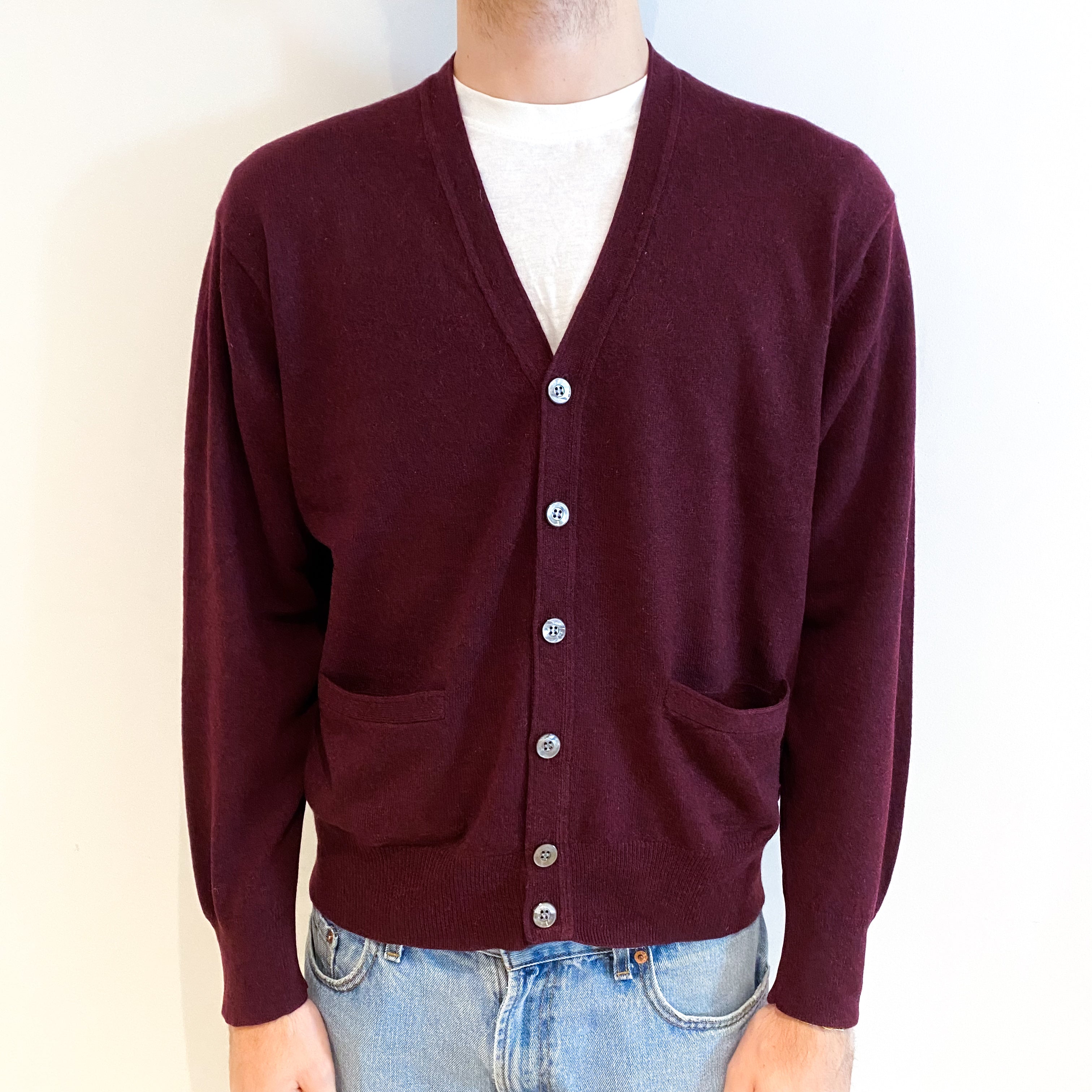 Men's Wine Red Cashmere V Neck Cardigan Large
