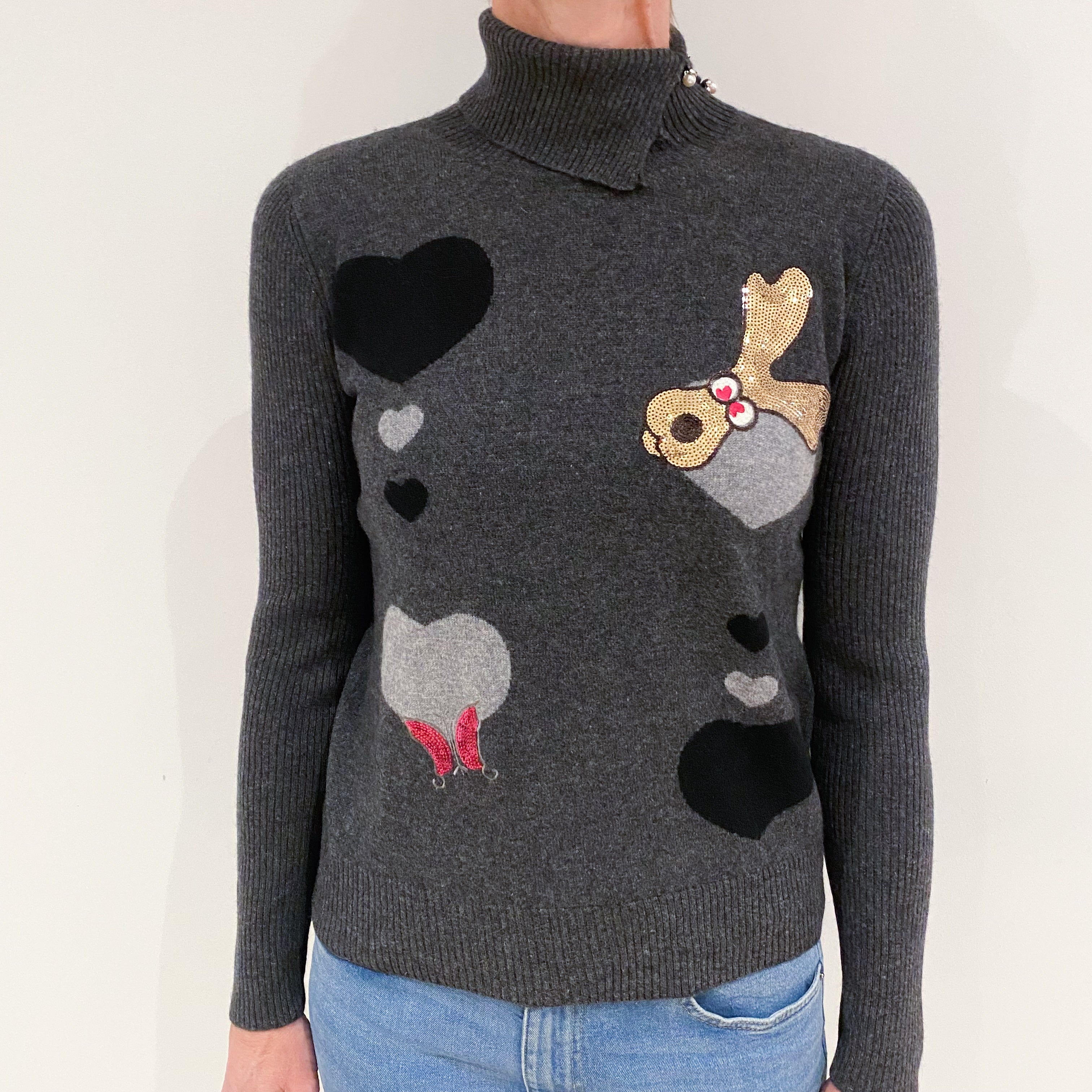 Slate Grey Embellished Cashmere Polo Neck Jumper Small