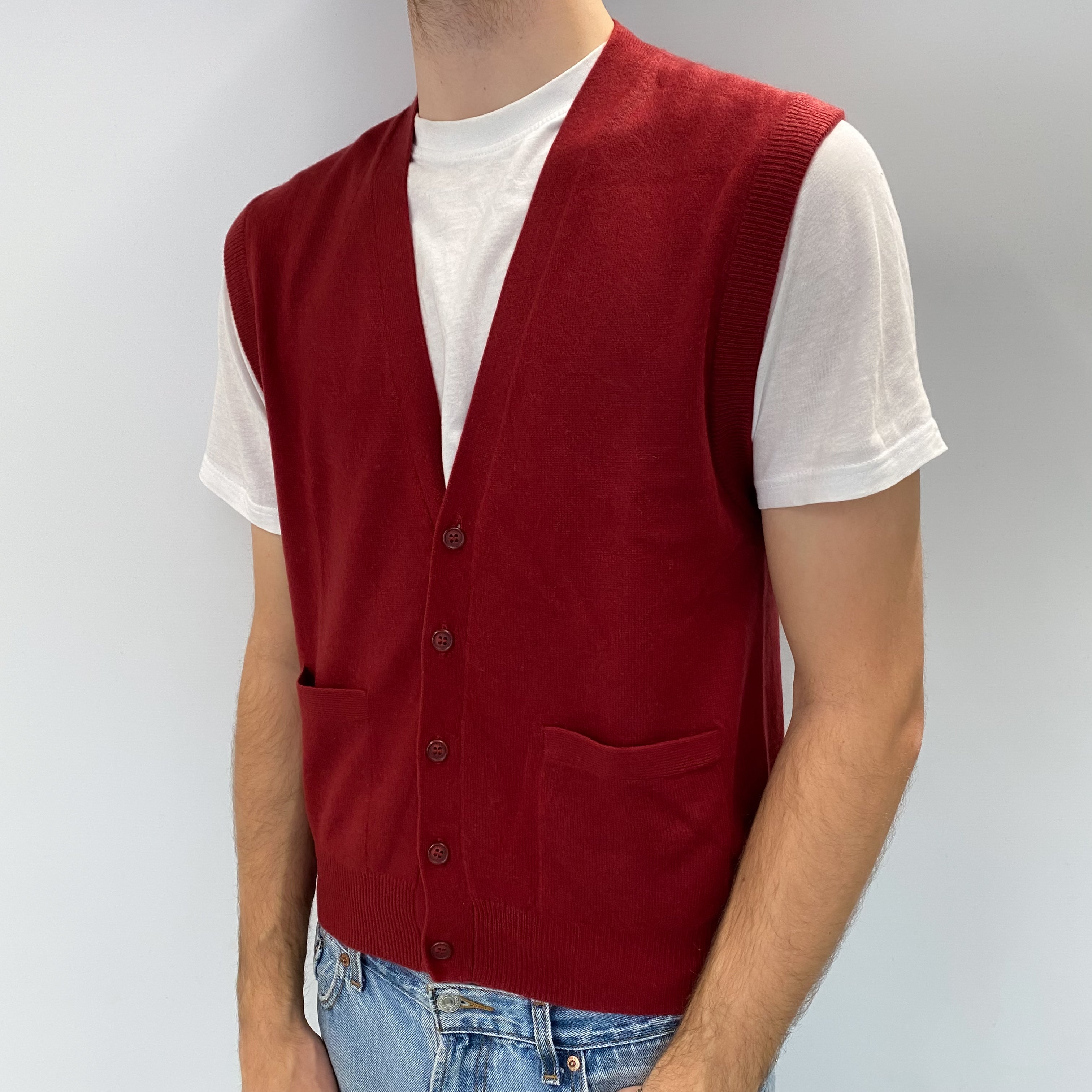Men's Brick Red Cashmere V Neck Sleeveless Cardigan Medium