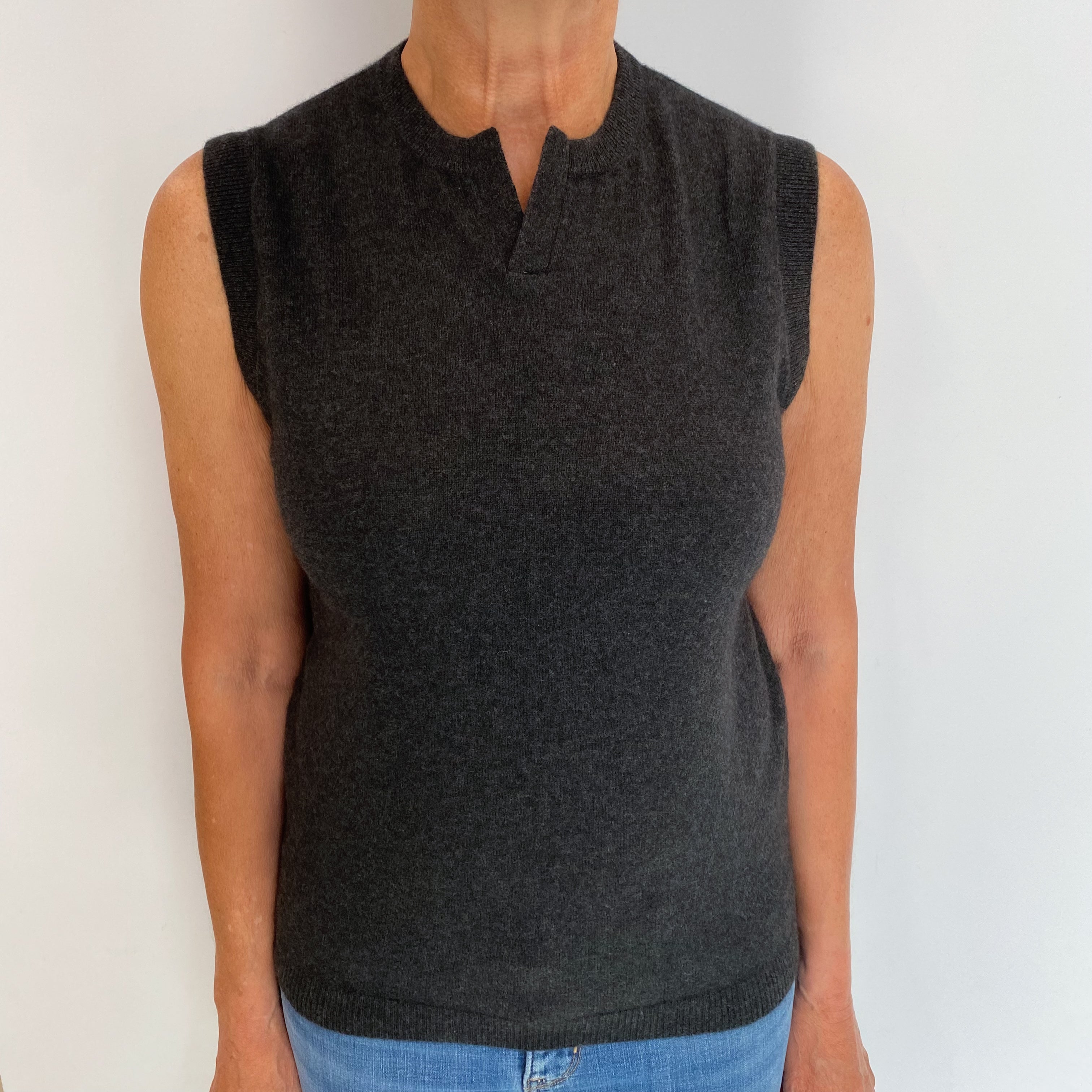 Charcoal Grey Cashmere Notch V Neck Sleeveless Jumper Medium