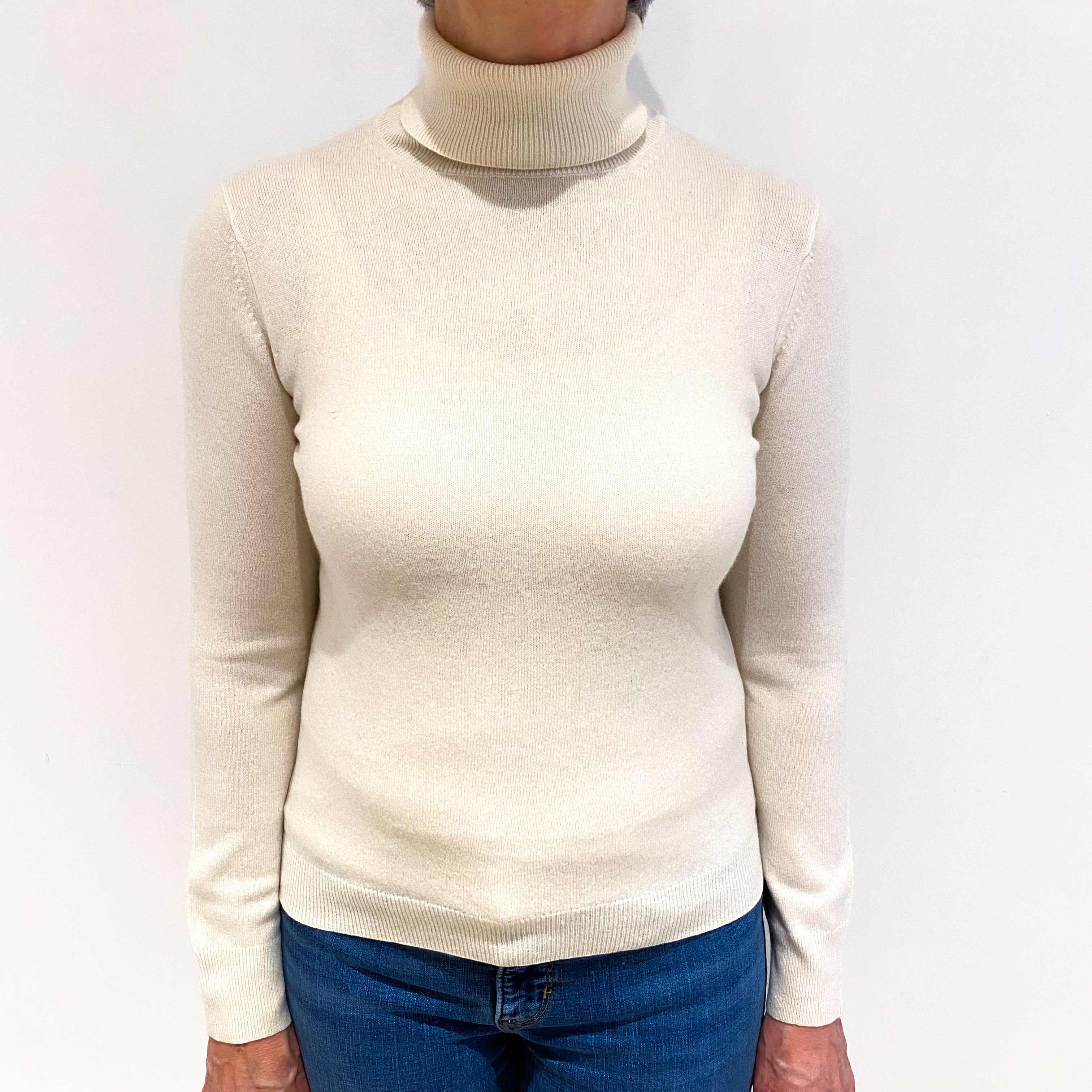 Ivory Cream Cashmere Polo Neck Jumper Medium