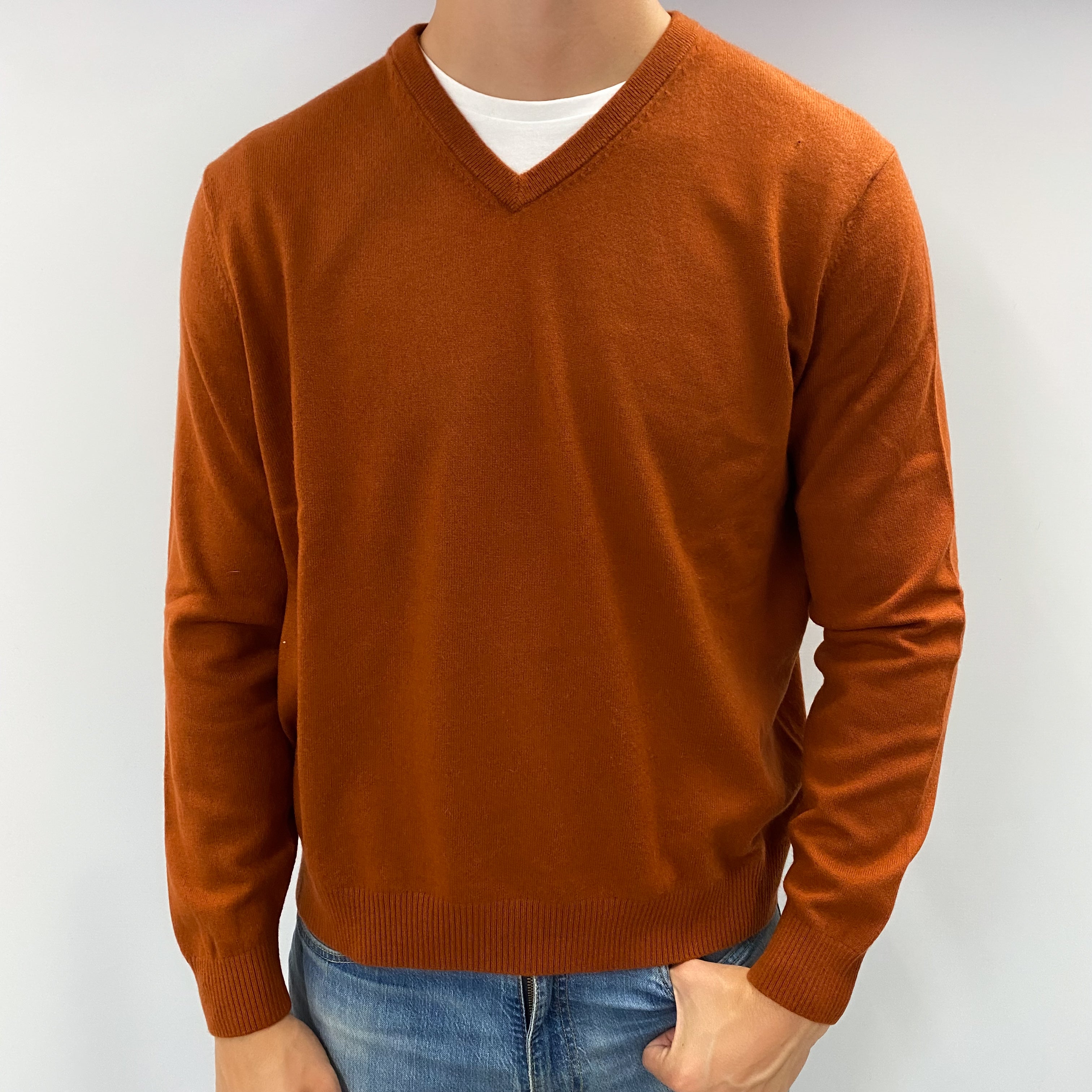 Men's Pumpkin Orange Cashmere V Neck Jumper XL