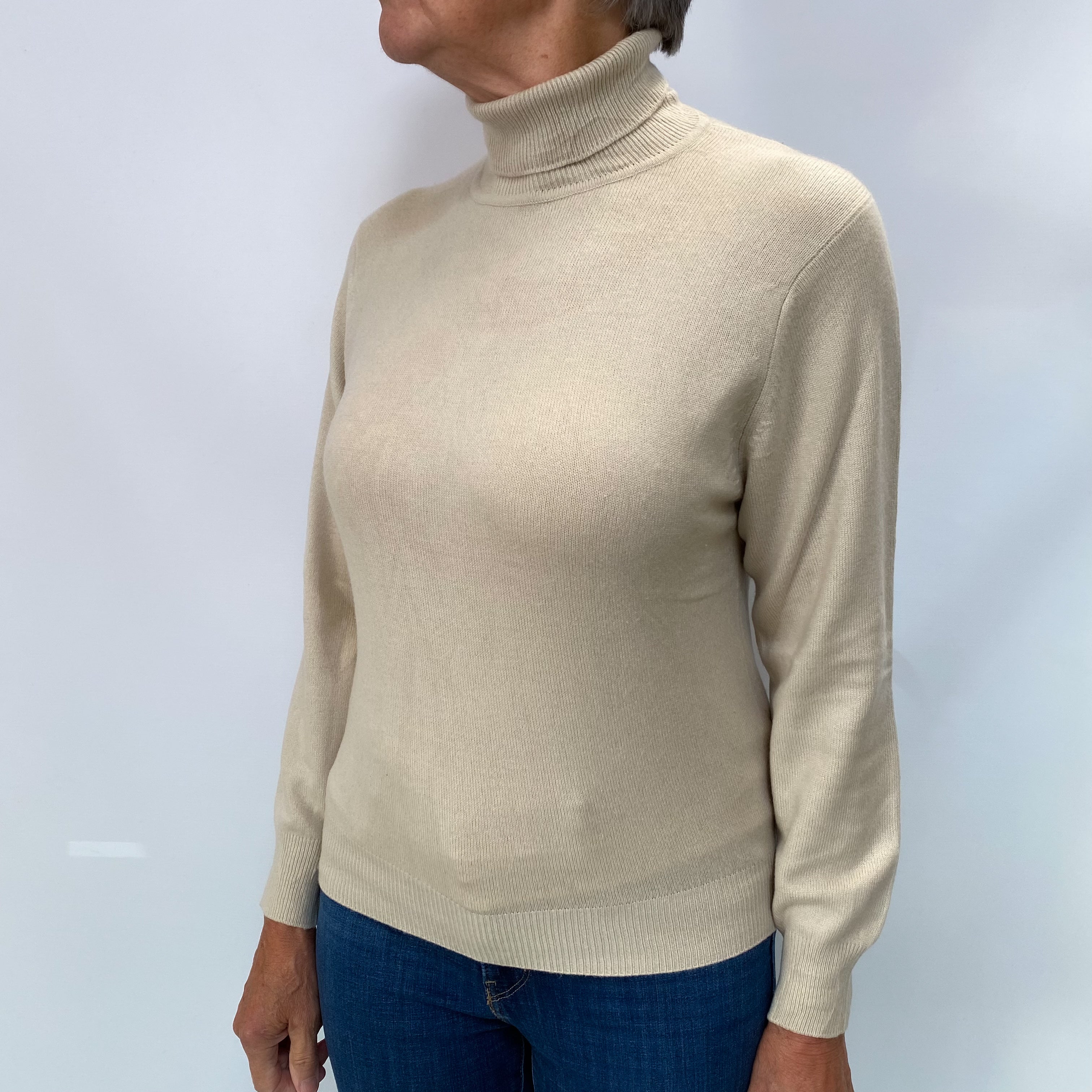 Beige Cashmere Polo Neck Jumper Medium