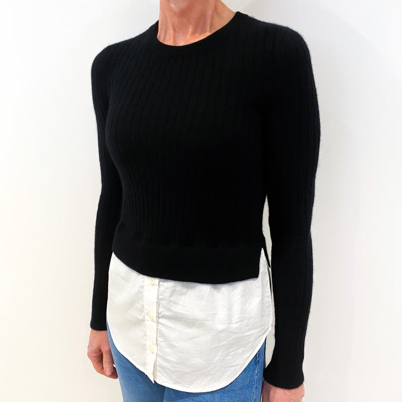 Black Ribbed Cashmere Crew Neck Jumper with Faux Shirt