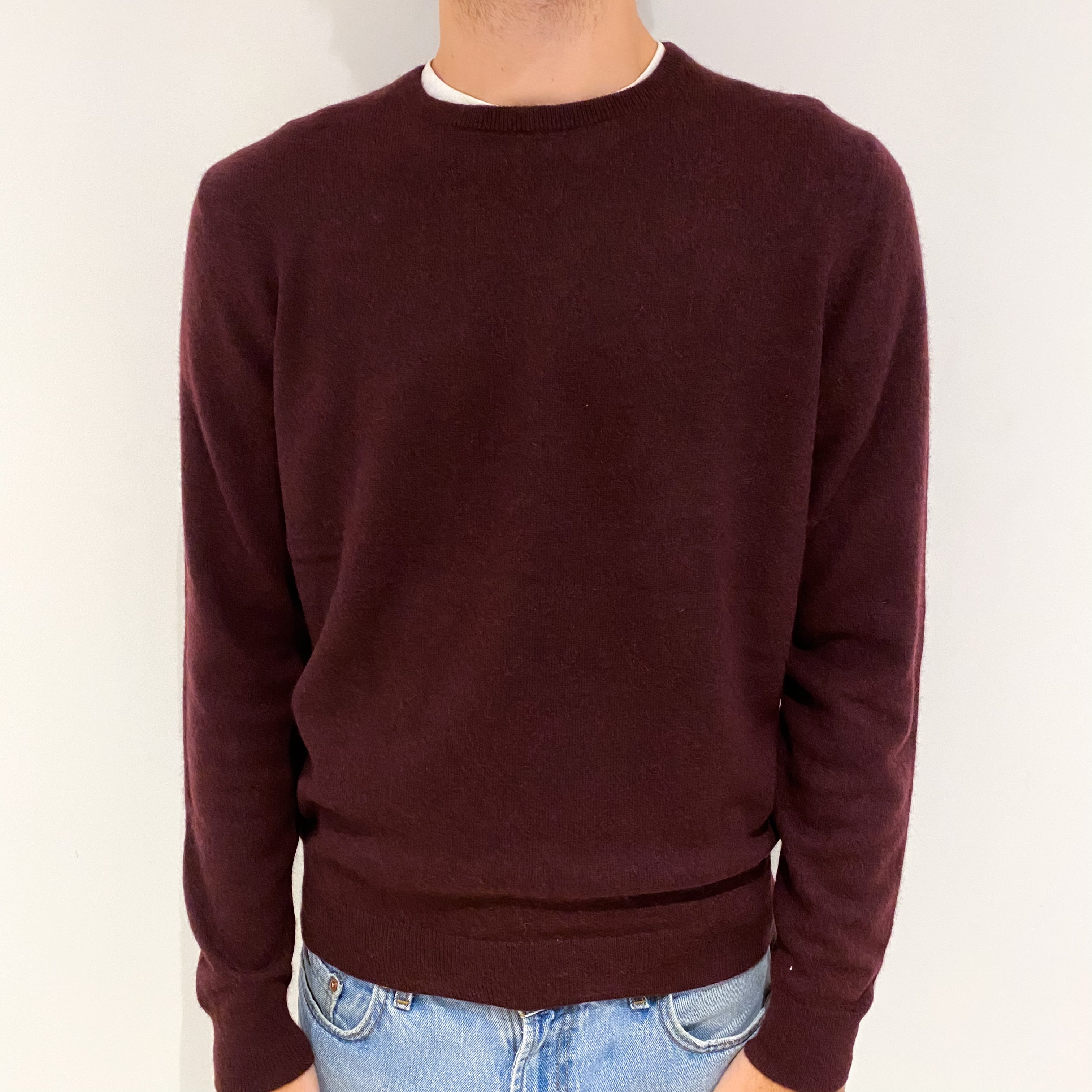 Men's Burgundy Purple Cashmere Crew Neck Jumper Large