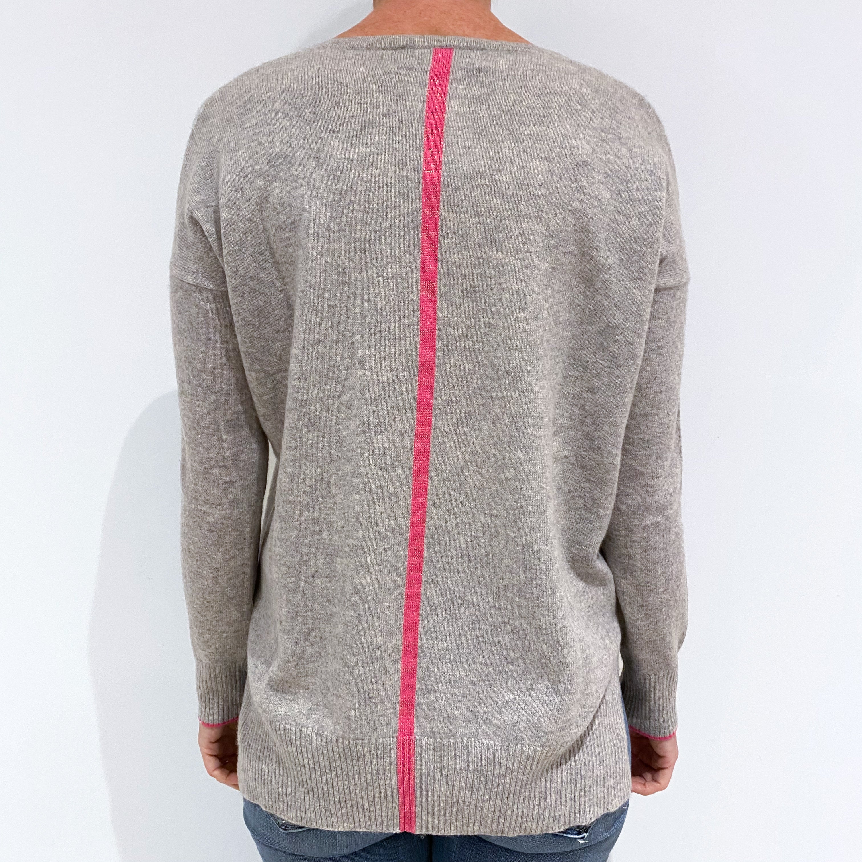 Smoke Grey Pink Stripe Slouchy Cashmere V-Neck Jumper Small