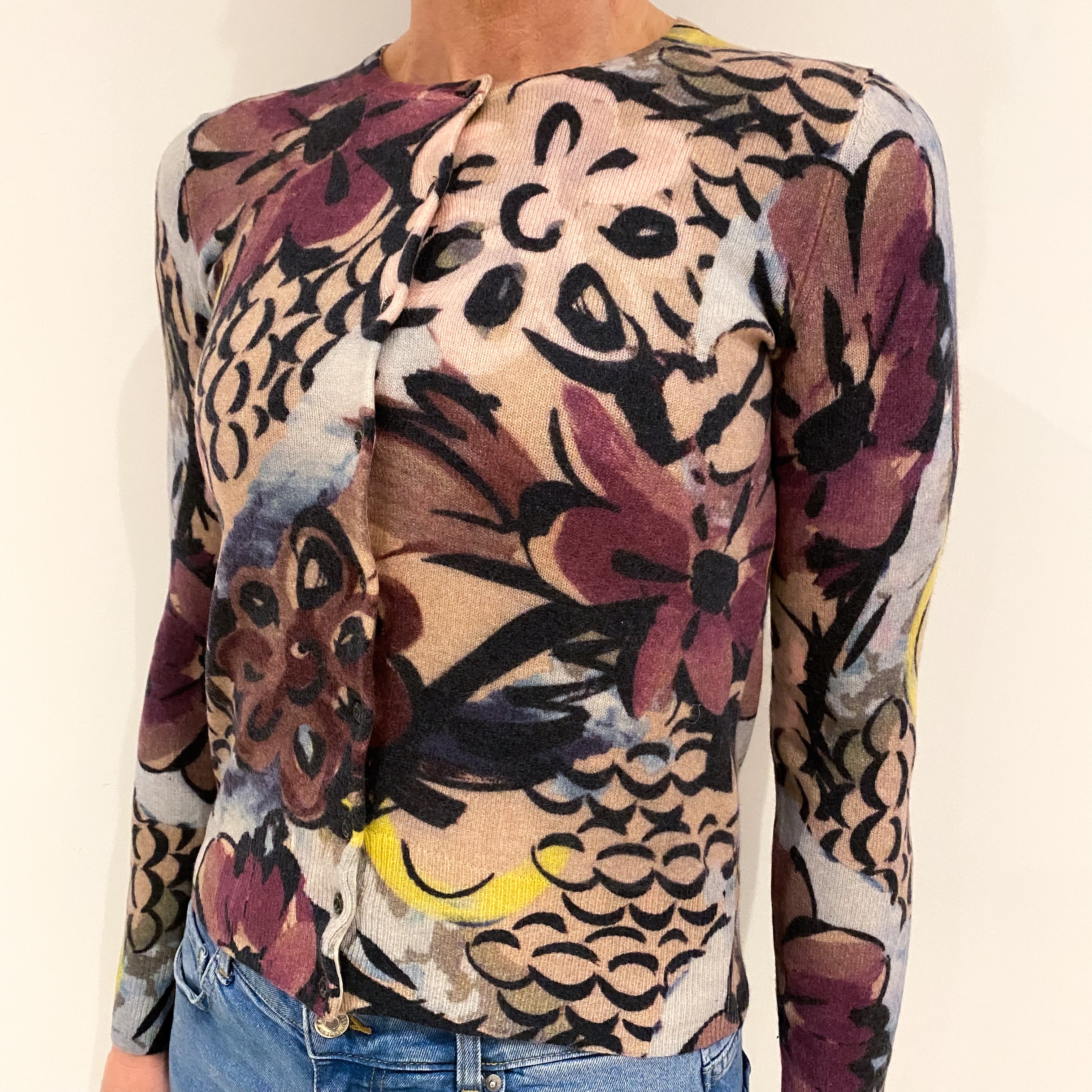 Oatmeal Beige Floral Cashmere Crew Neck Cardigan Small