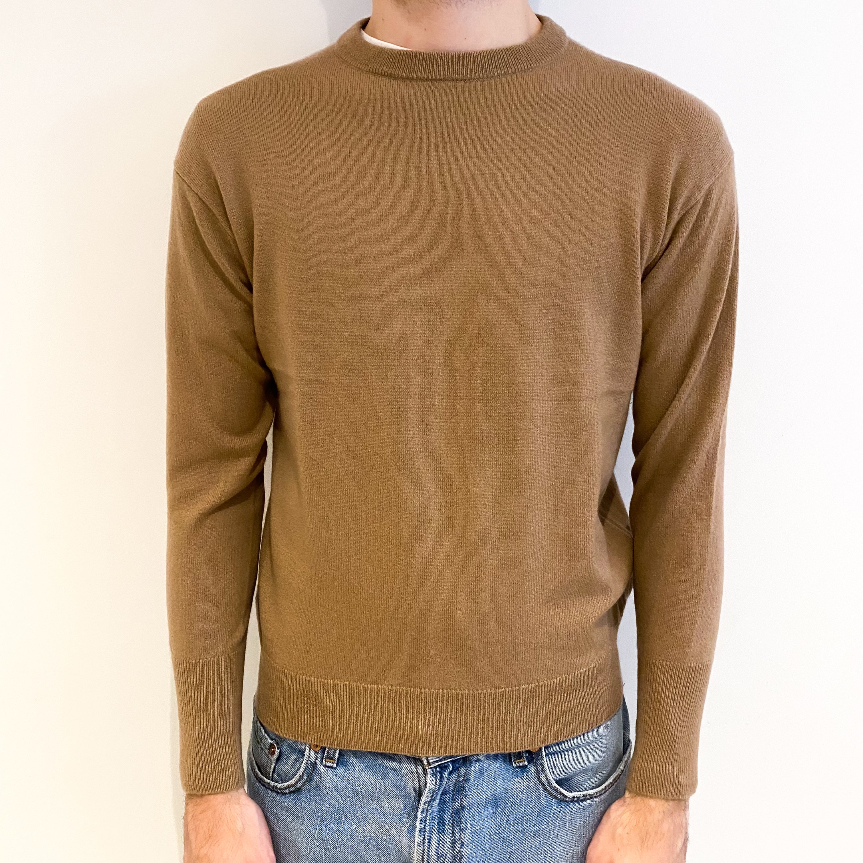 Men's Camel Brown Cashmere Crew Neck Jumper Medium
