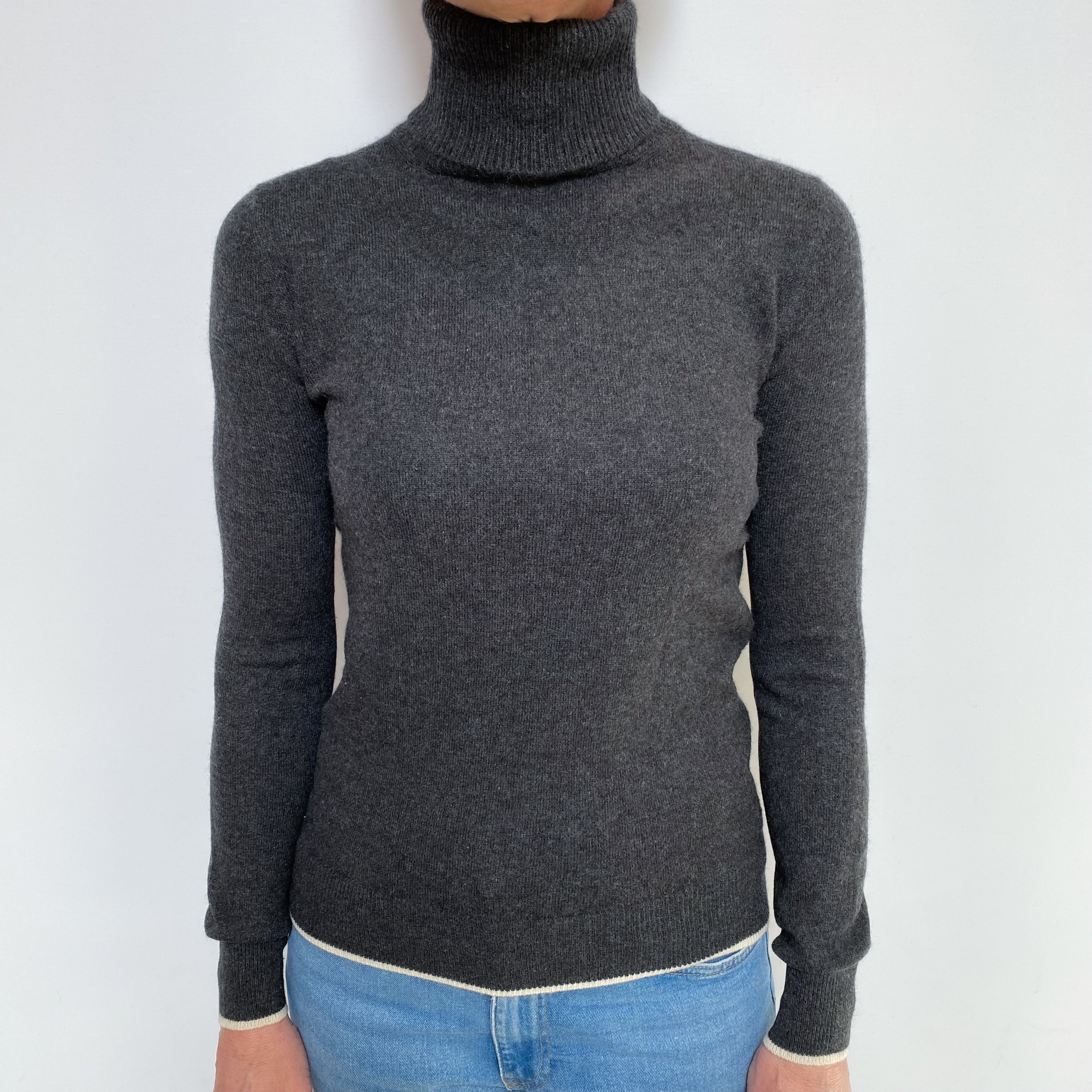 Charcoal Grey Cashmere Polo Neck Jumper Small