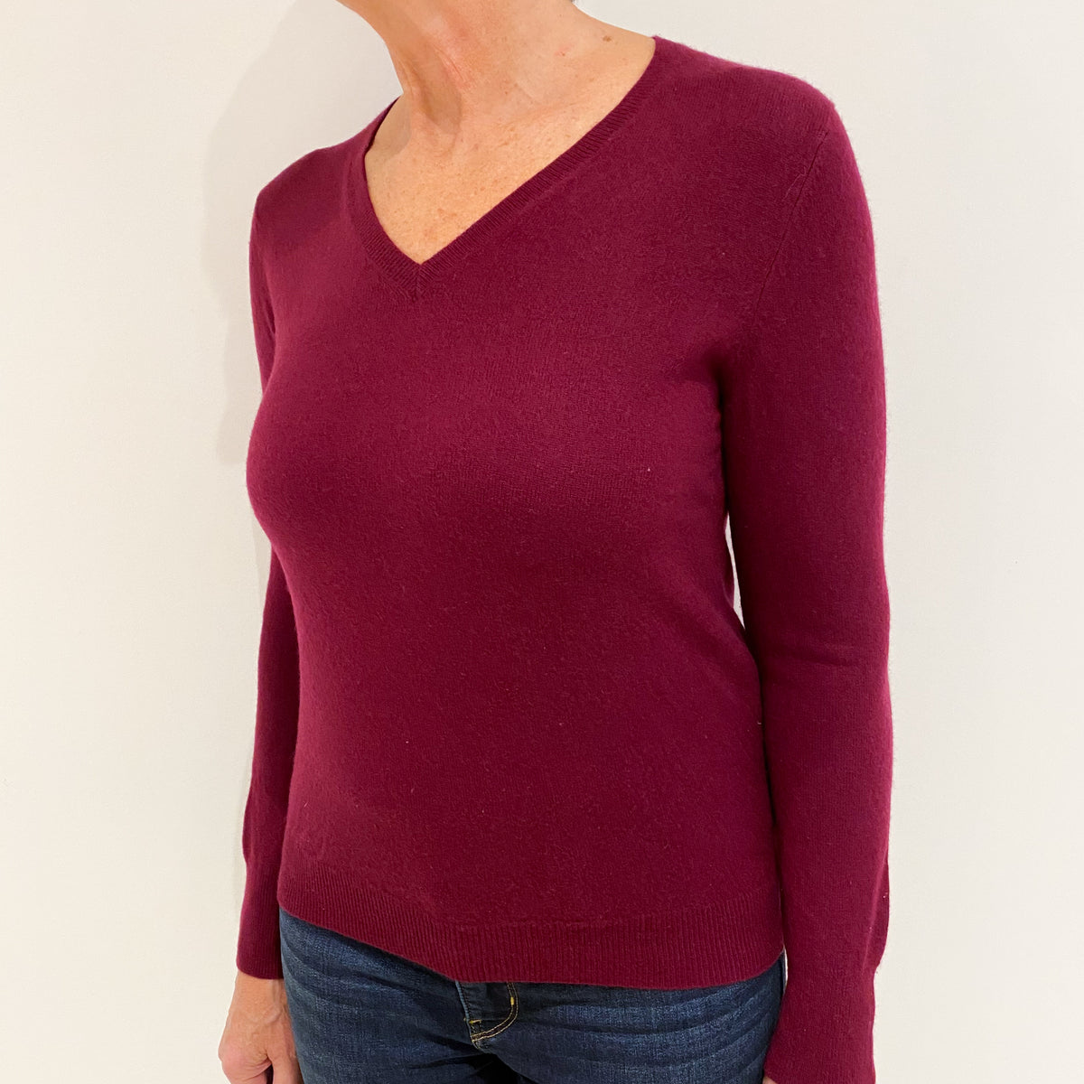 Burgundy Red Cashmere V-Neck Jumper Medium