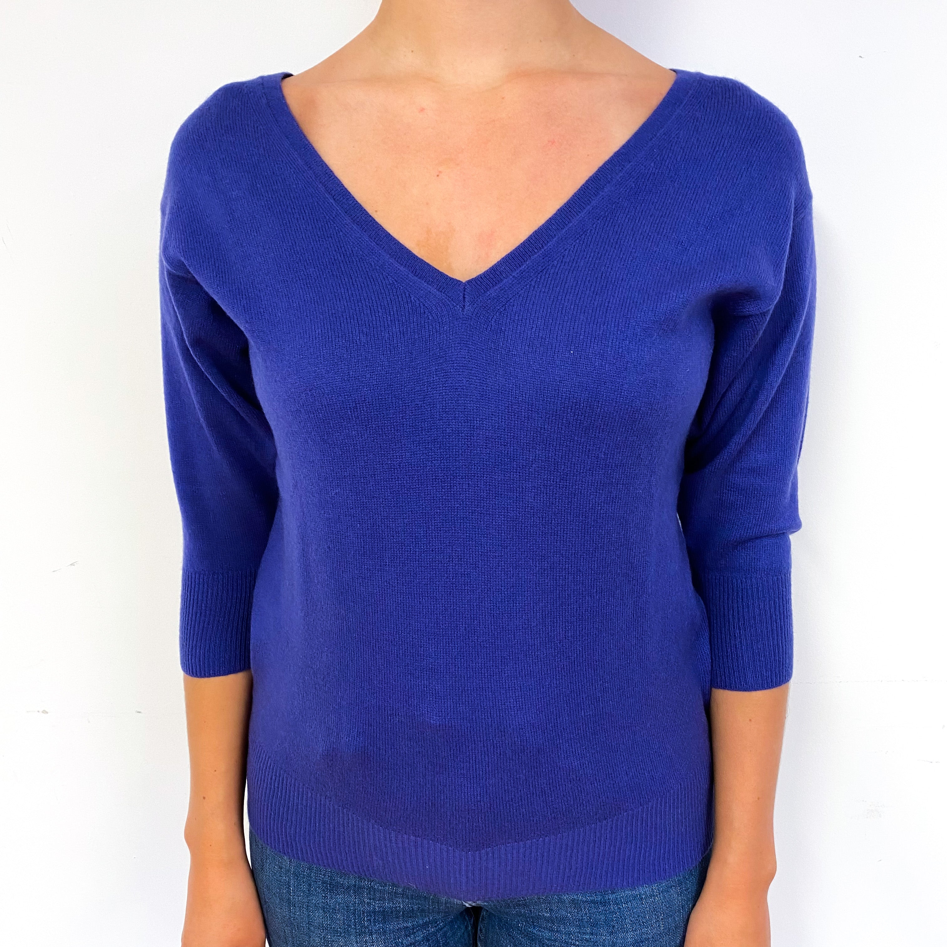 Indigo Blue 3/4 Sleeve Cashmere V-Neck Jumper Small