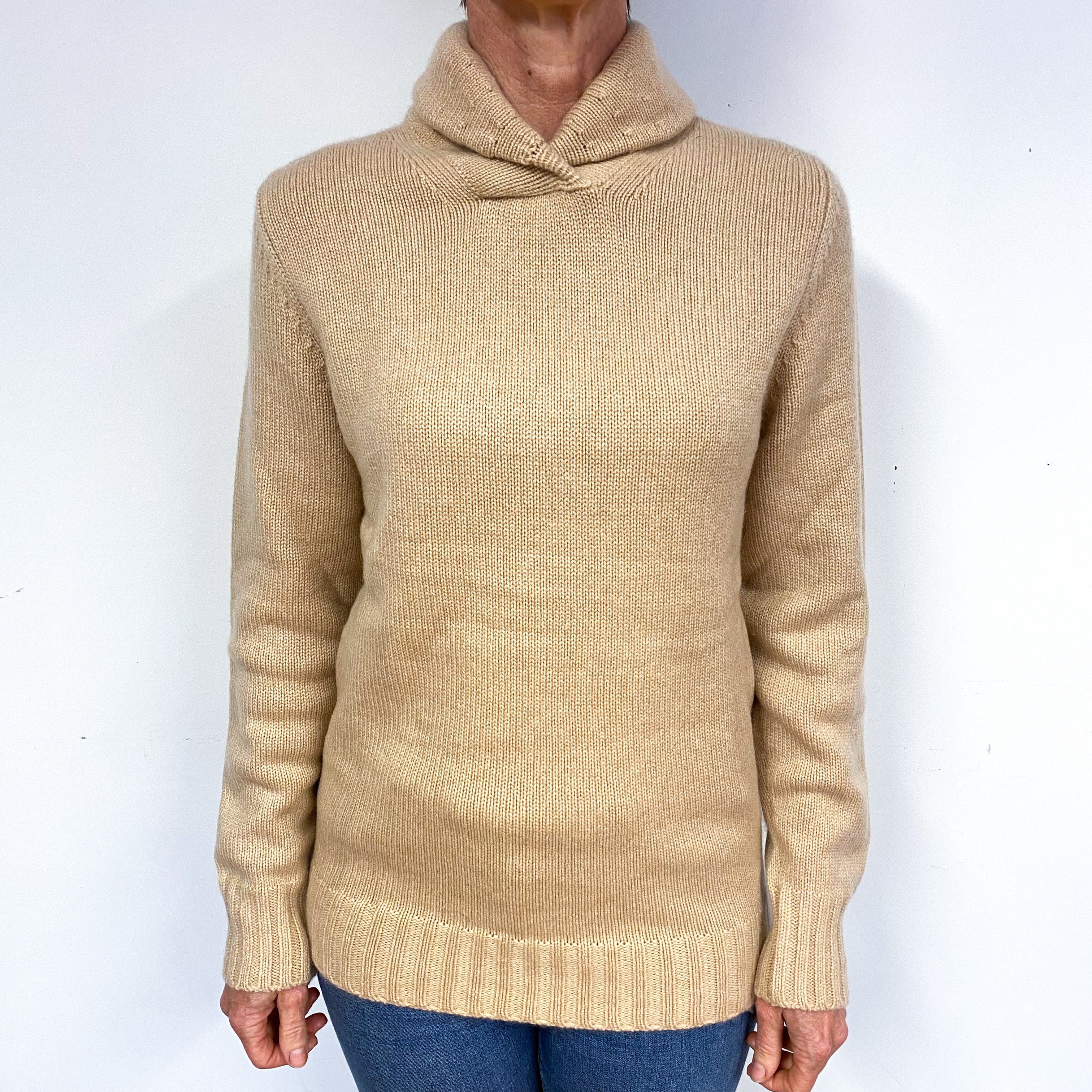 Scottish Beige Chunky Cashmere Shawl Collar Jumper Medium