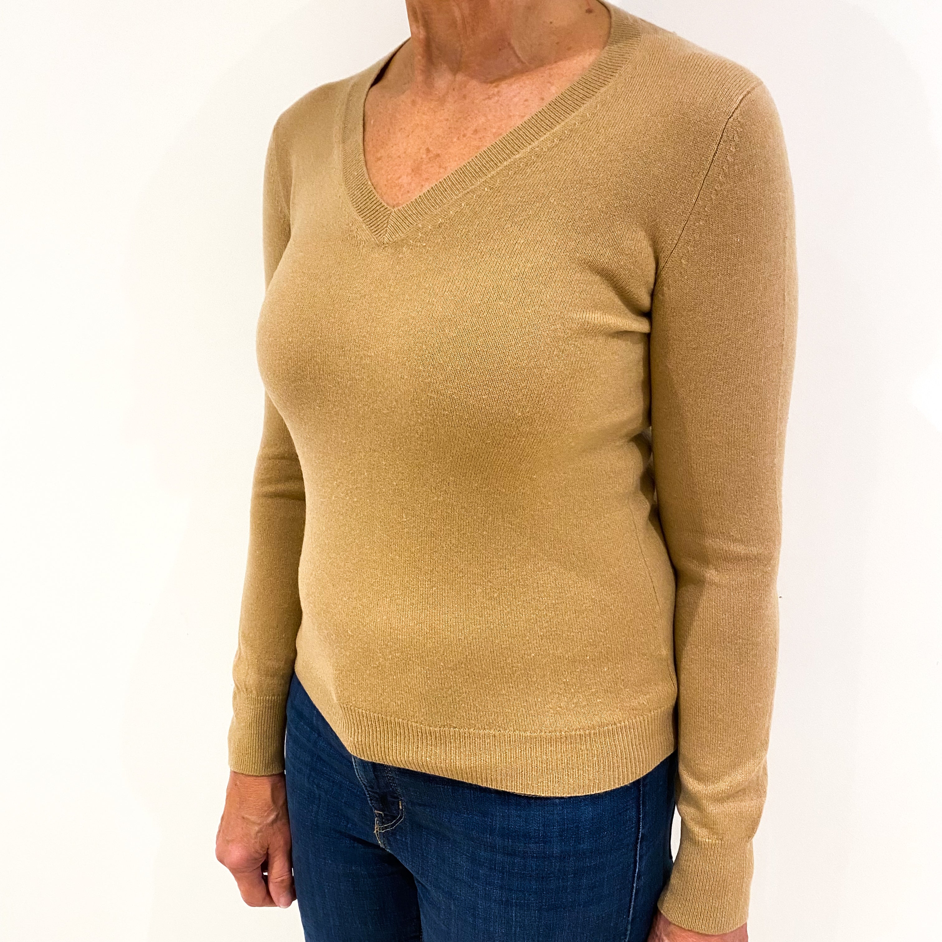 Camel Brown Cashmere V-Neck Jumper Medium