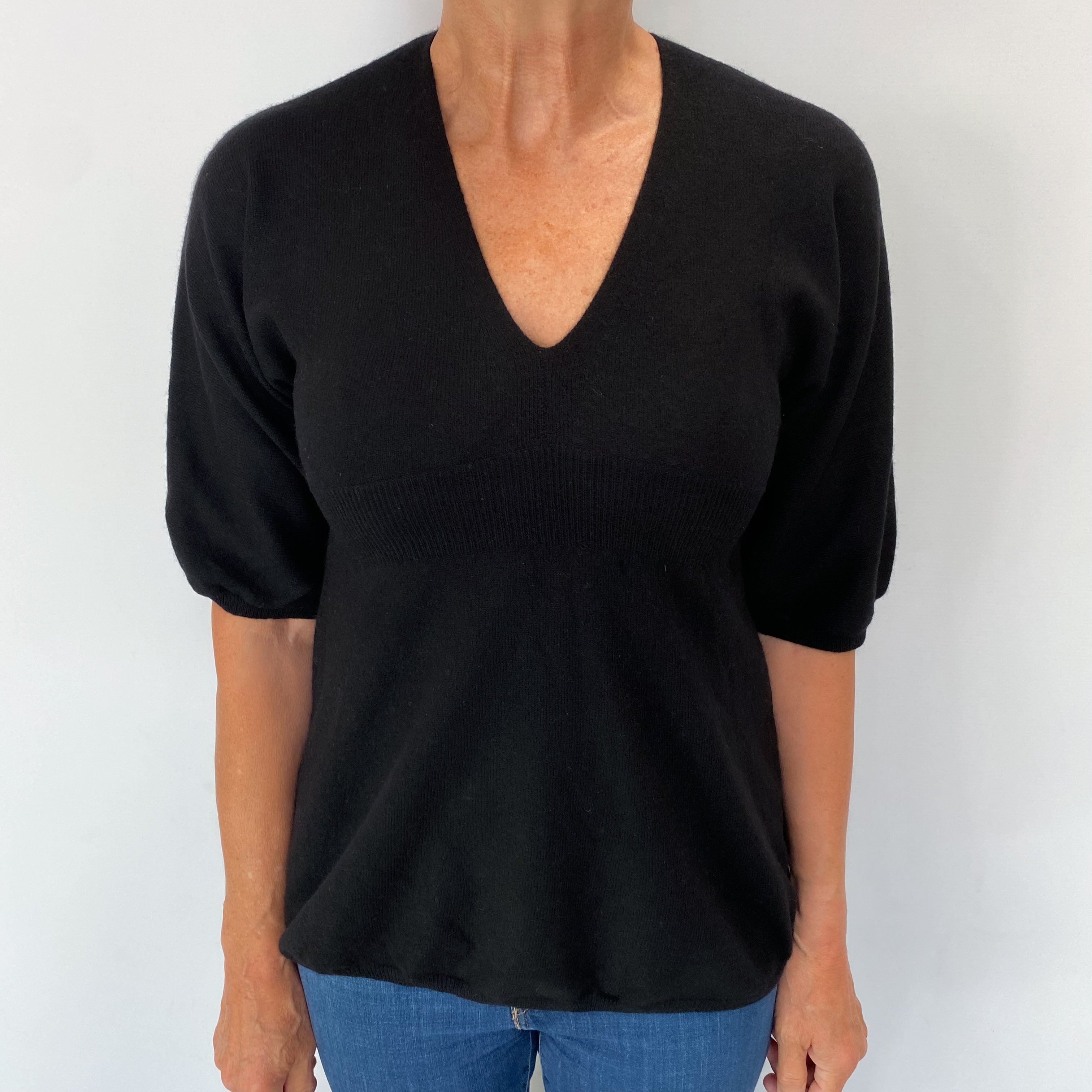 Black Cashmere 1/2 Sleeve V Neck Jumper Medium