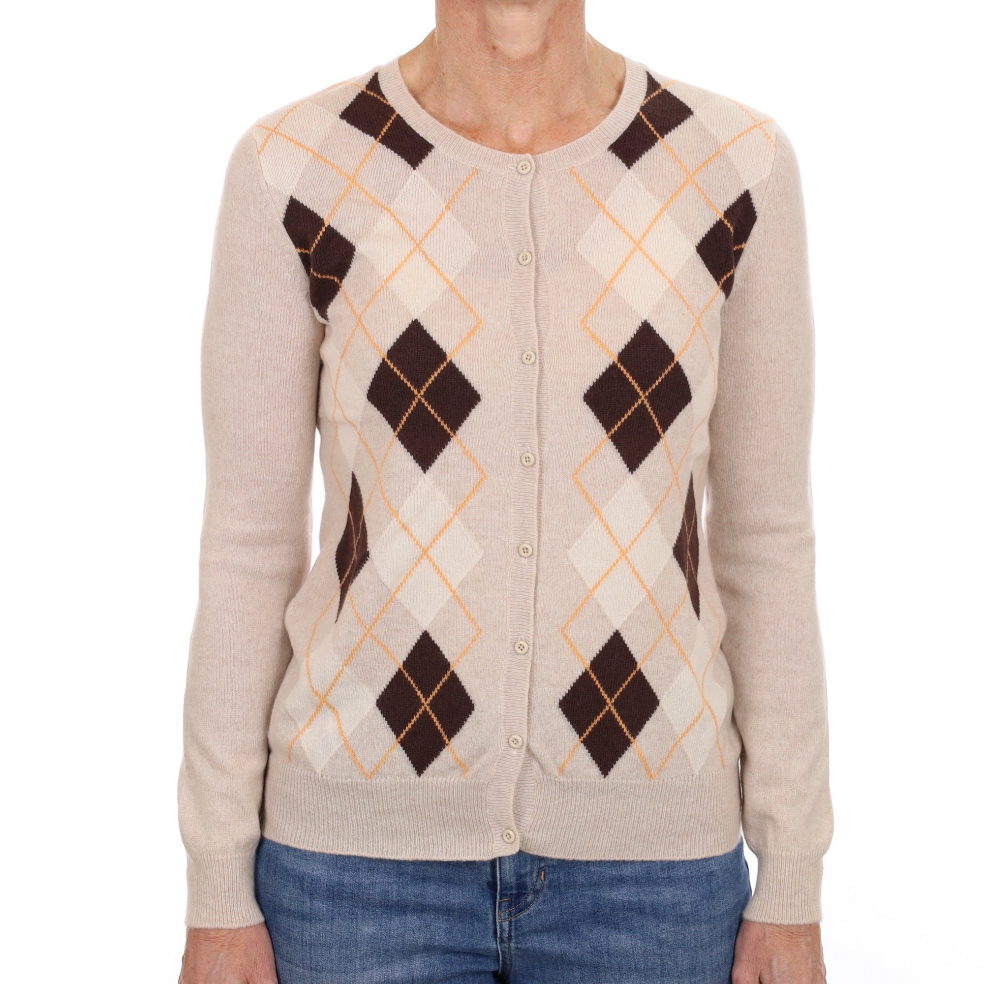 Oatmeal Beige Argyle Cashmere Crew Neck Cardigan Small