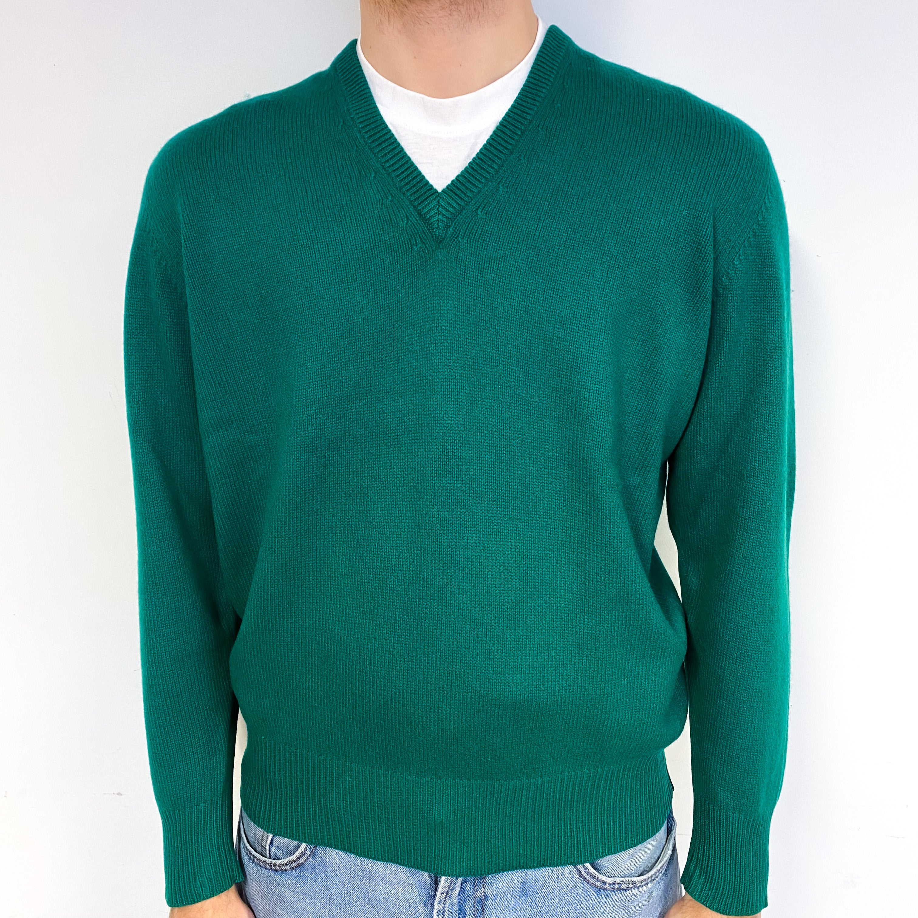 Men's Emerald Green Heavy Knit Cashmere V-Neck Jumper Large