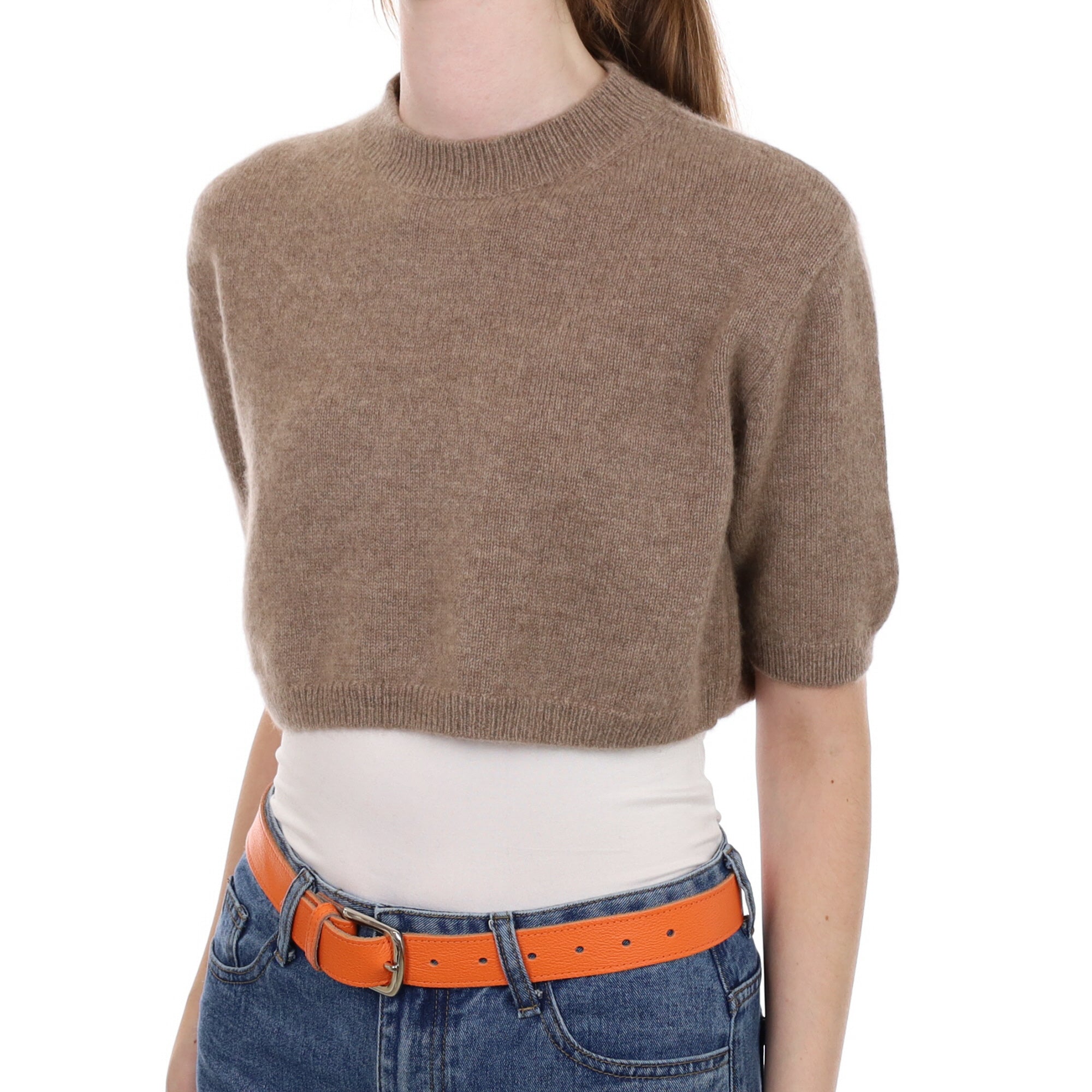 Taupe Brown Cashmere Cropped Short Sleeve Jumper Extra Small