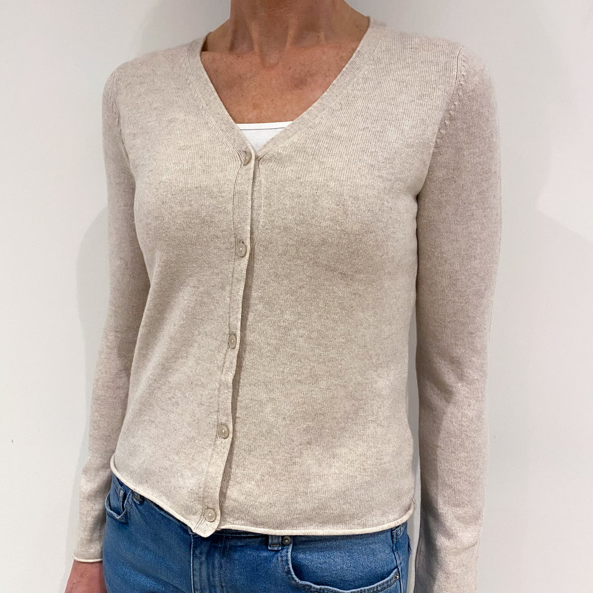 Oatmeal Beige Cashmere V Neck Cardigan Small