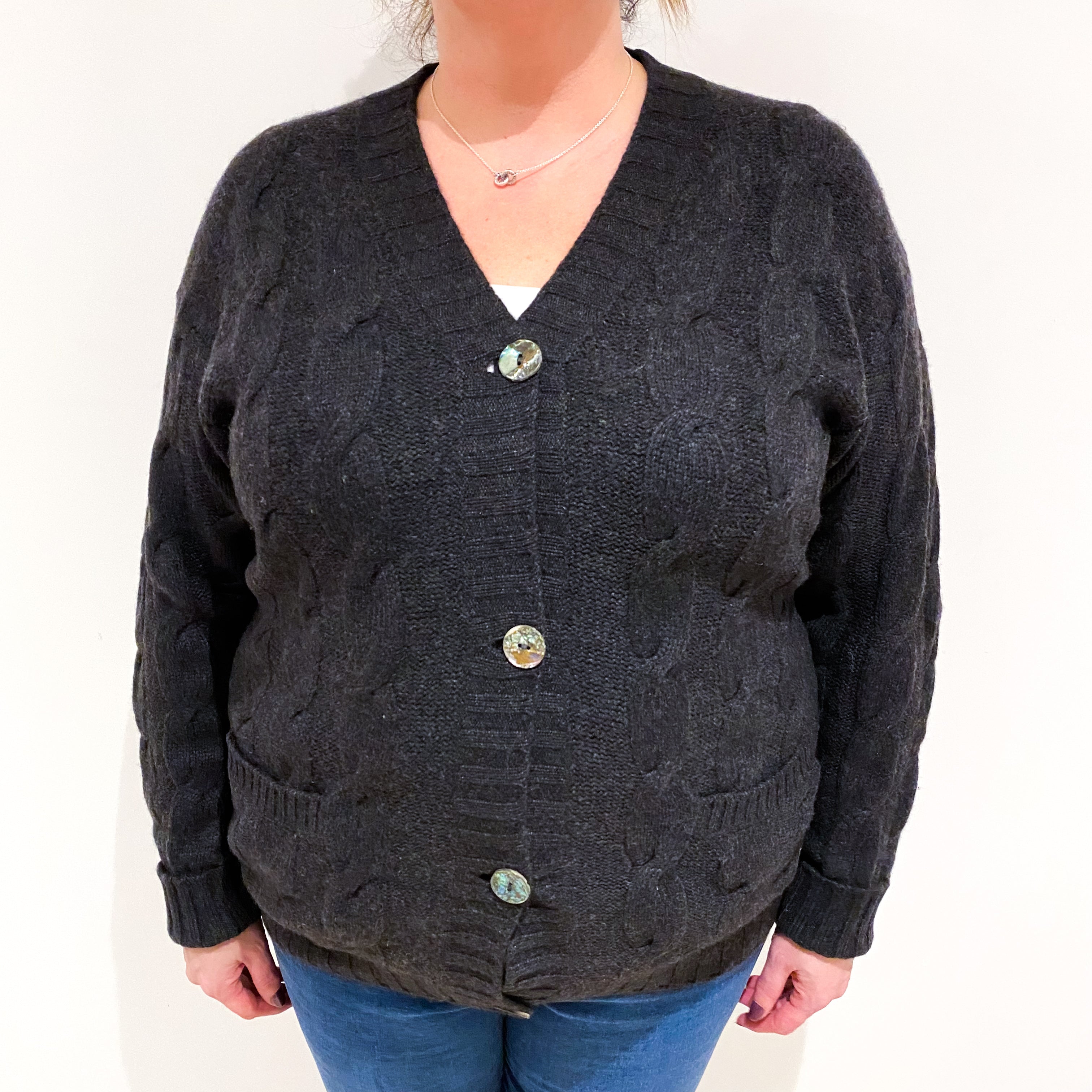 Charcoal Grey Chunky Cashmere V Neck Cardigan Extra Large