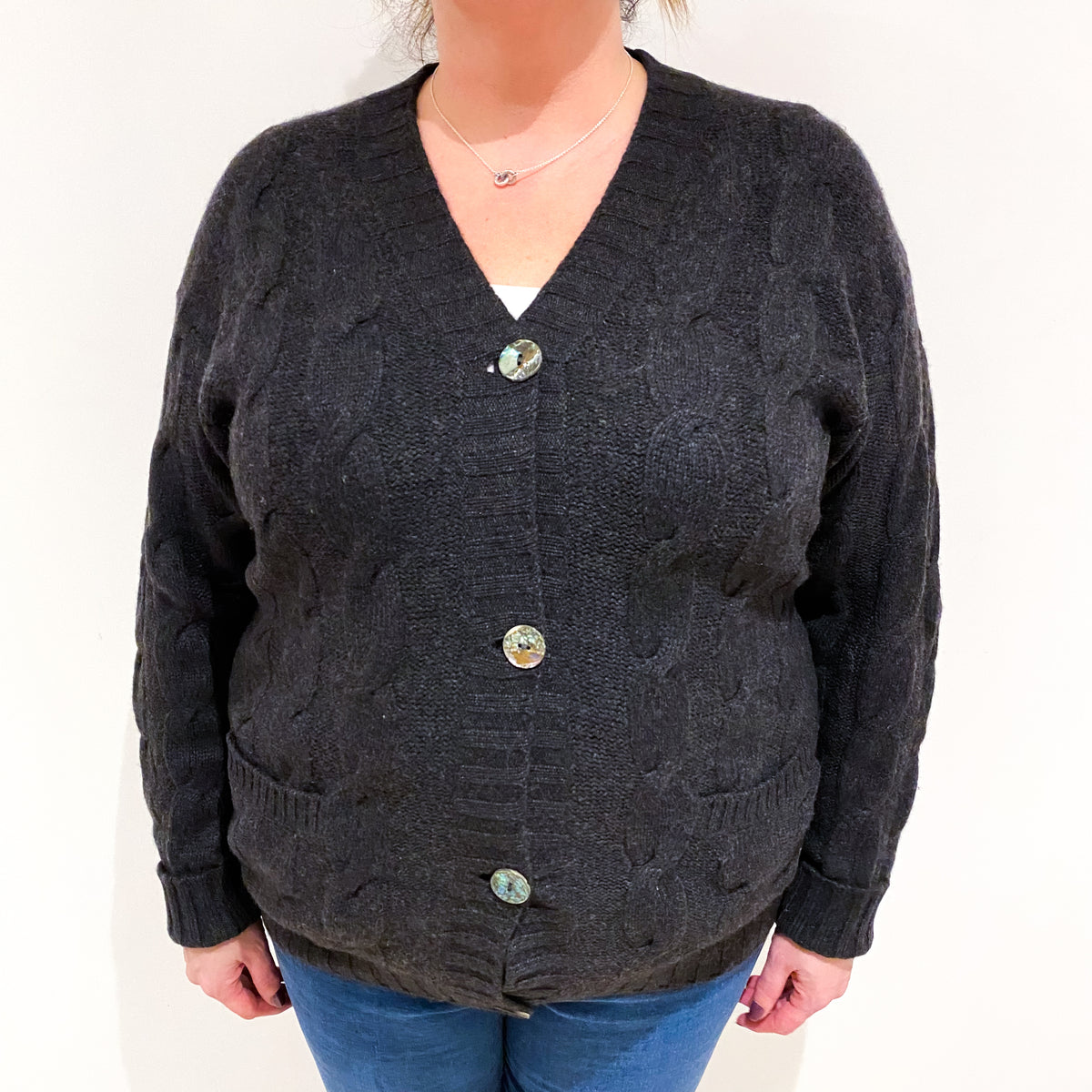 Charcoal Grey Chunky Cashmere V Neck Cardigan Extra Large